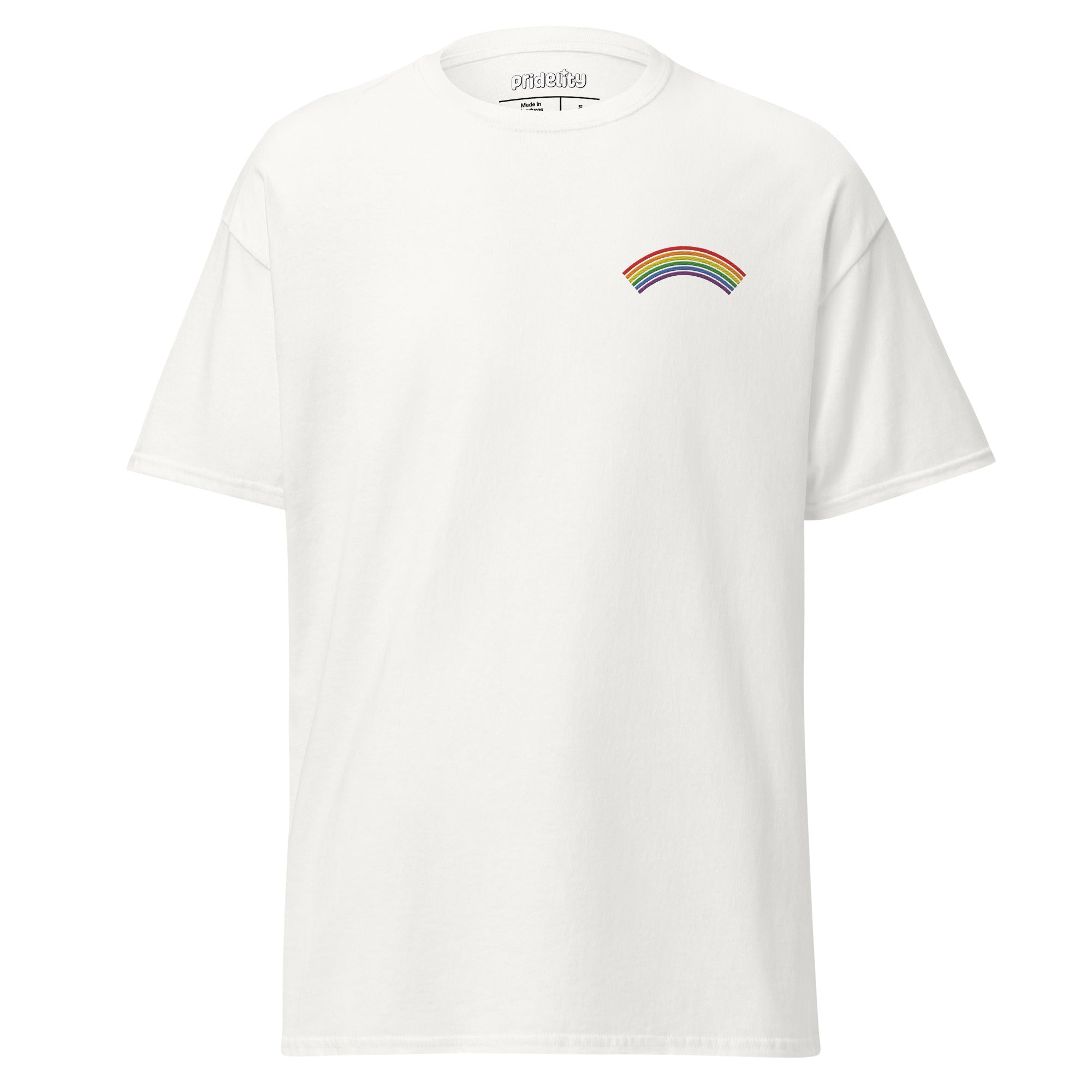 A Pridelity Rainbow T-Shirt in black, showcasing a small rainbow graphic of traditional horizontal stripes on the left side of the chest.