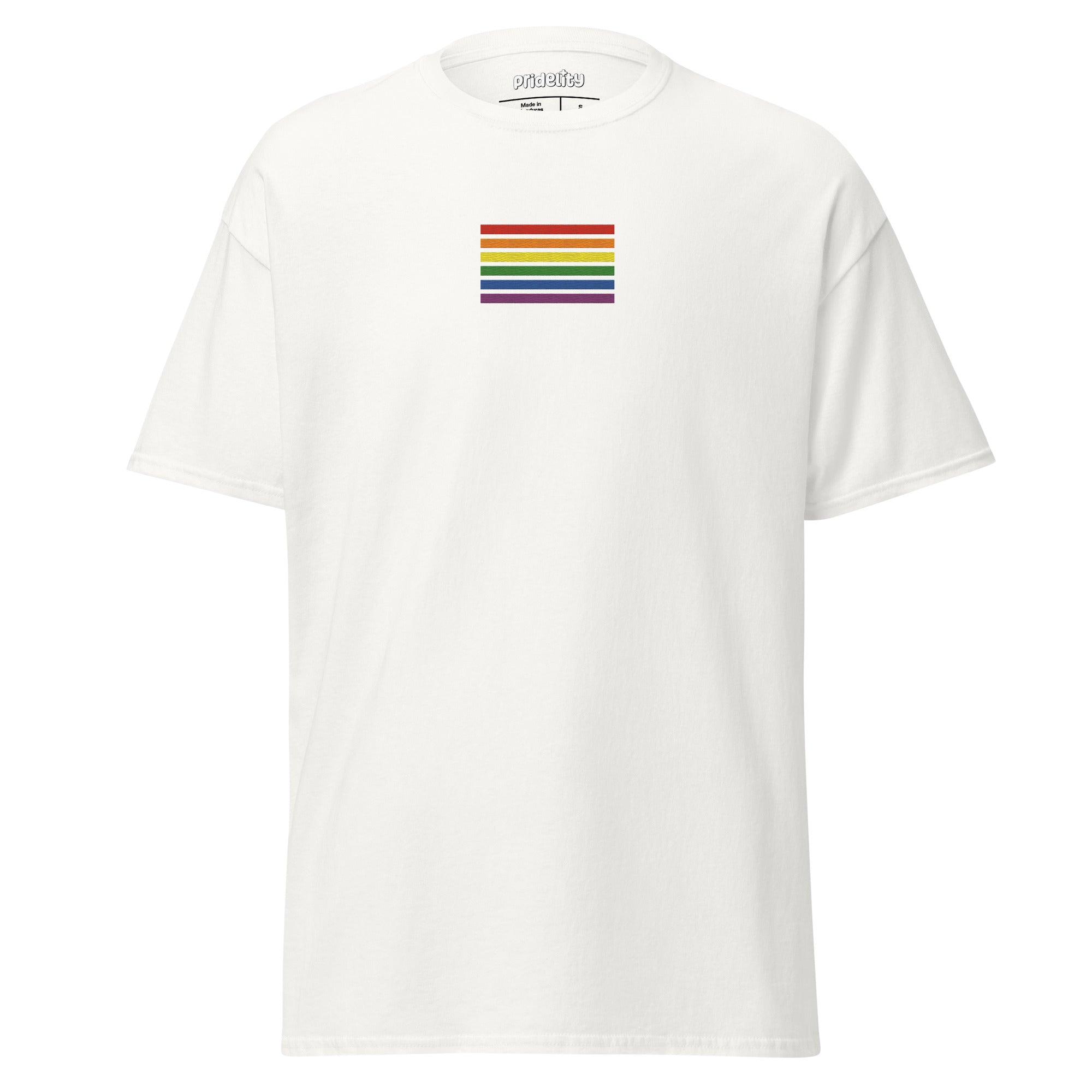 The Rainbow Stripes T-Shirt from Pridelity is black with a small rainbow stripe pattern on the chest, featuring horizontal stripes in red, orange, yellow, green, blue, and purple. The brand name 