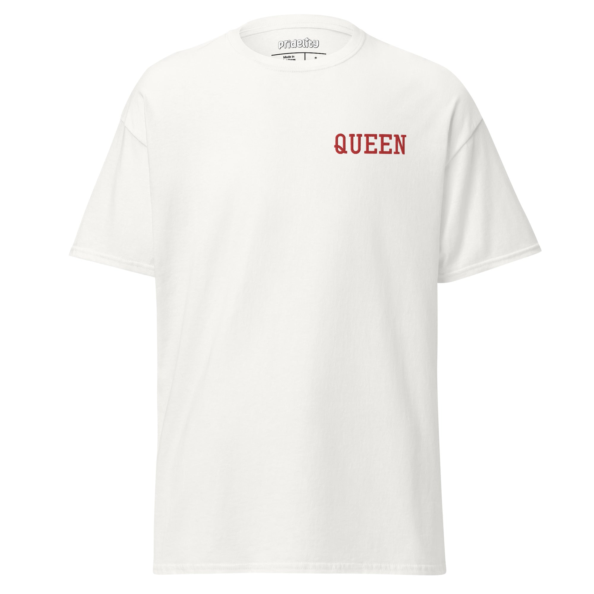 The Pridelity Queen T-Shirt adds a vibrant flair to its simple white design with the word 