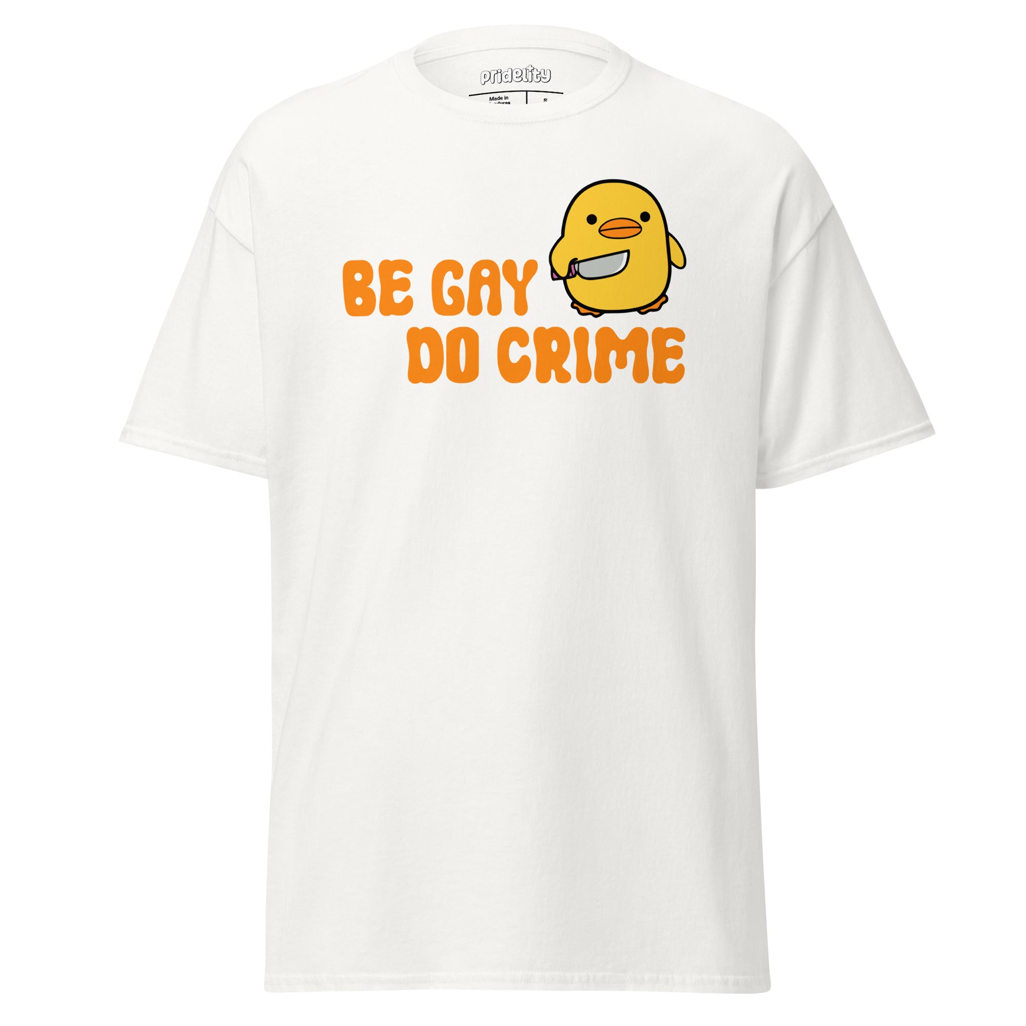 The Be Gay Do Crime T-Shirt by Pridelity features a cartoon chick holding a knife, set against a yellow background with bold orange text reading 