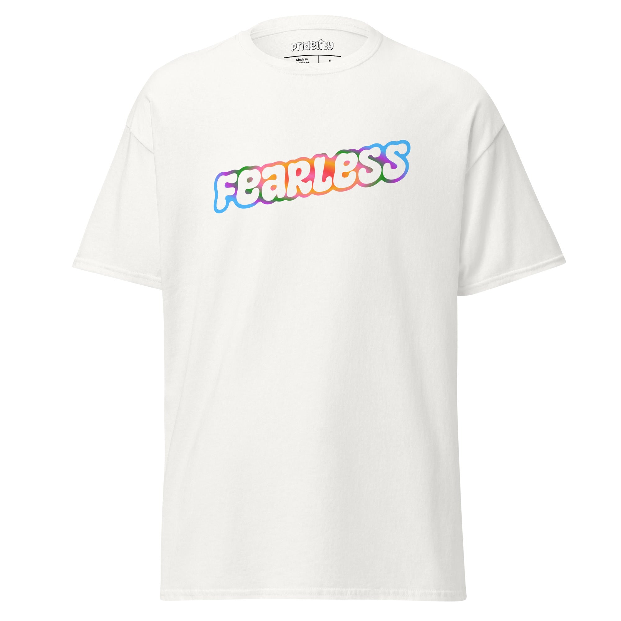 Introducing Pridelity's Fearless T-Shirt: a black tee featuring 