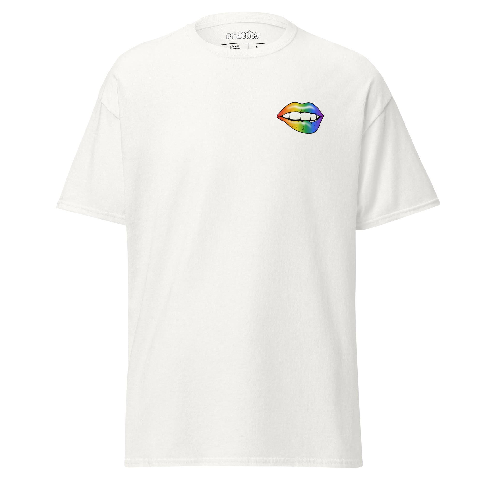 Introducing the Flirty Lips T-Shirt by Pridelity, featuring a vibrant rainbow gradient lips graphic elegantly placed on the upper left of a classic white shirt.