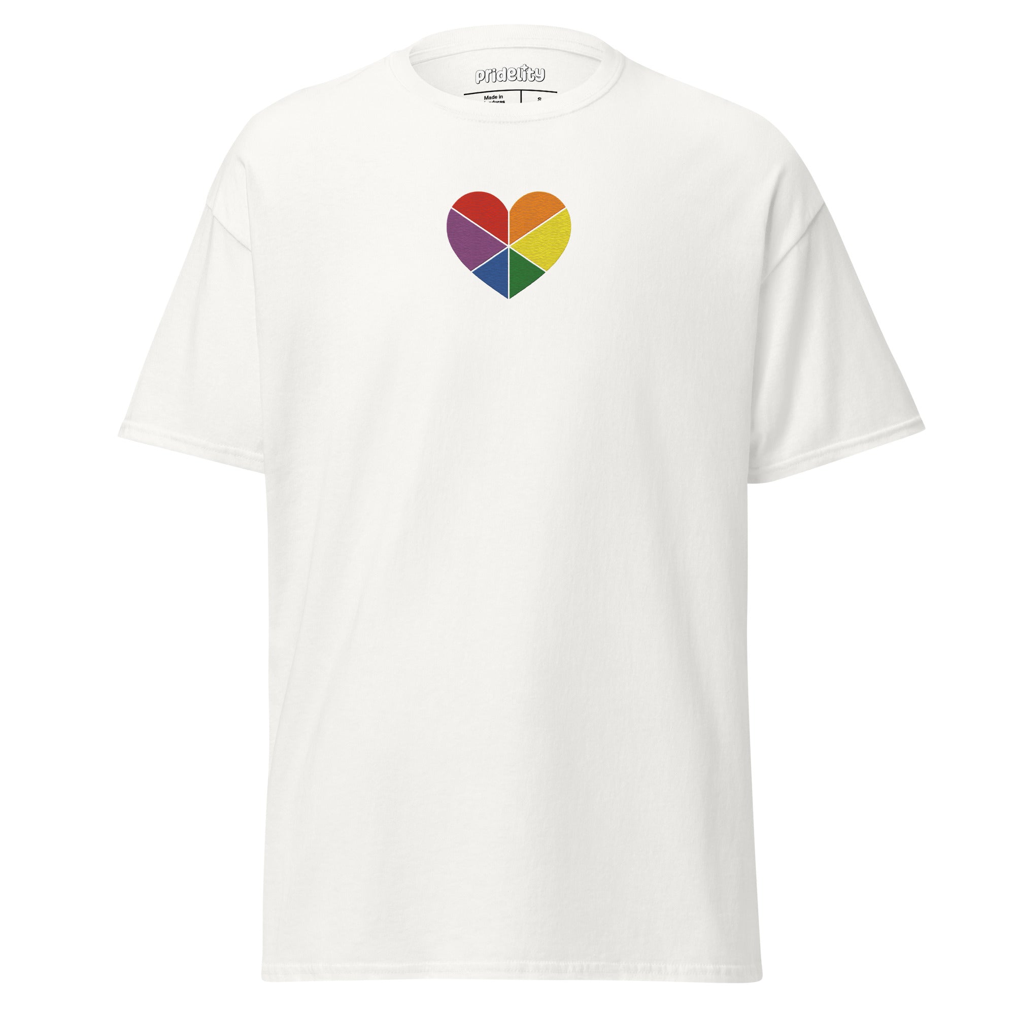 An Azalea-colored Proud Heart T-Shirt by Pridelity, showcasing a central heart design divided into six vivid rainbow-colored segments.