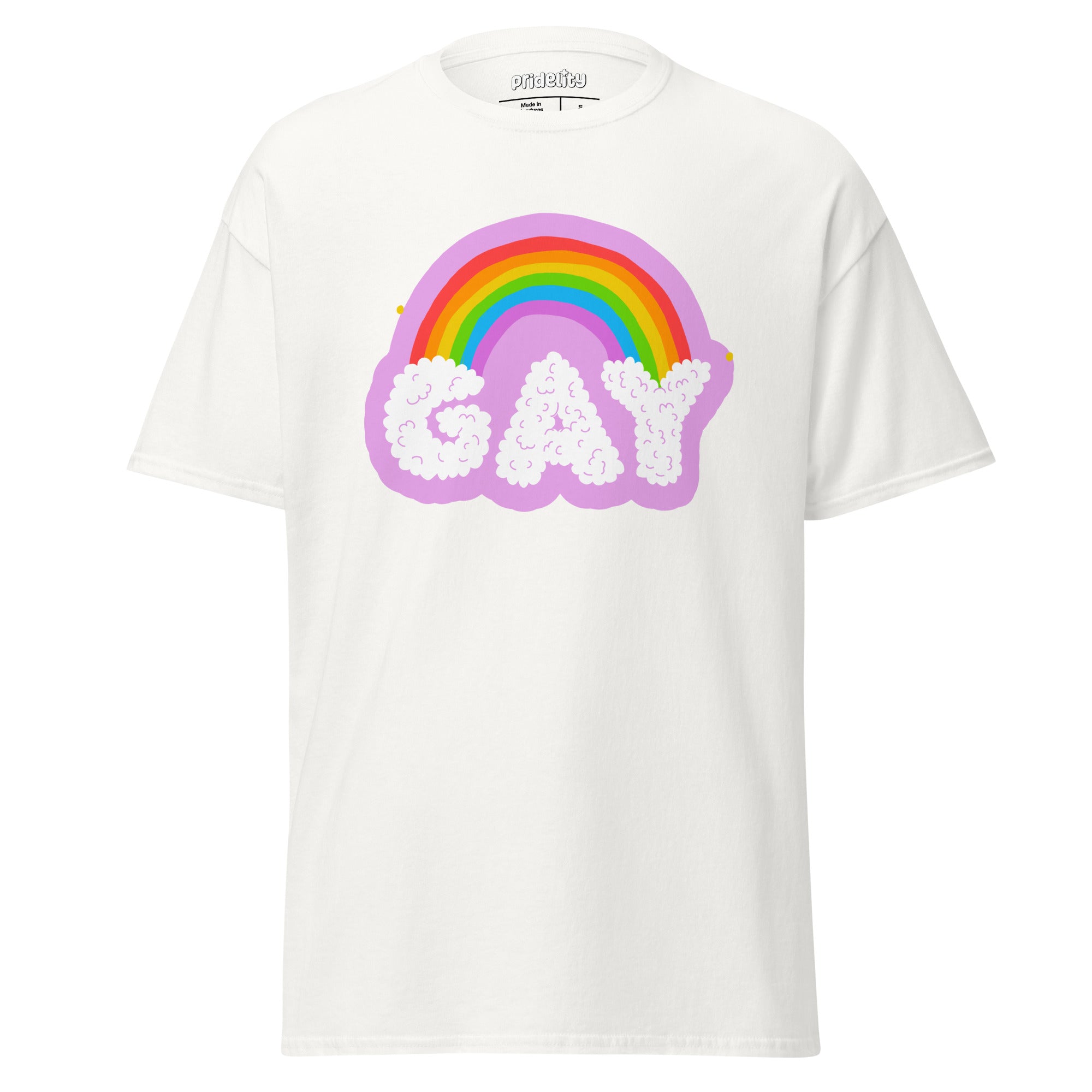 Introducing the Cloudy T-Shirt from Pridelity's vibrant Pride Collections. This white tee features a lively rainbow arched above the word 