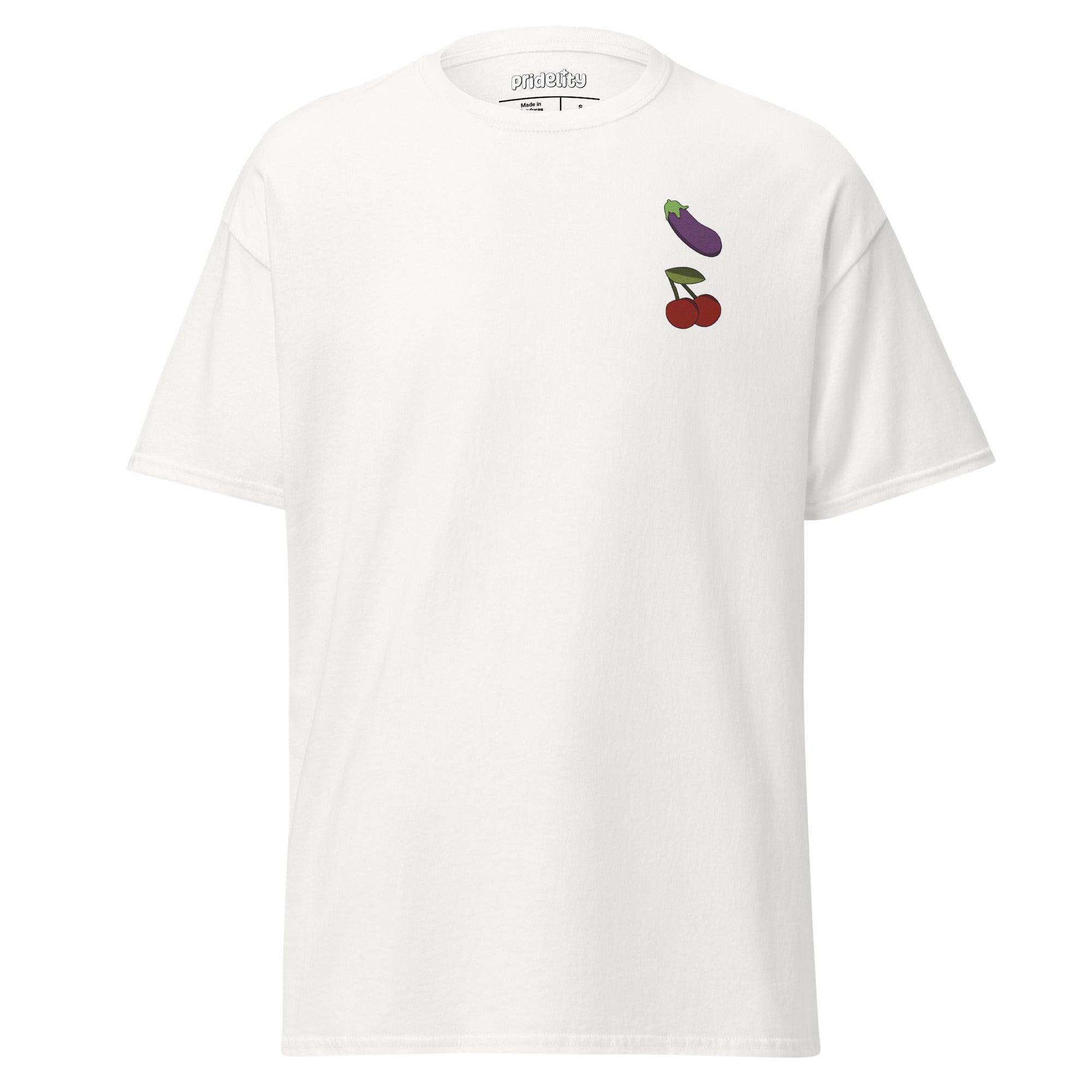 The Yummi Emojis T-Shirt by Pridelity in Azalea features two small embroidered designs, an eggplant and a pair of cherries, located on the upper left side of the chest.