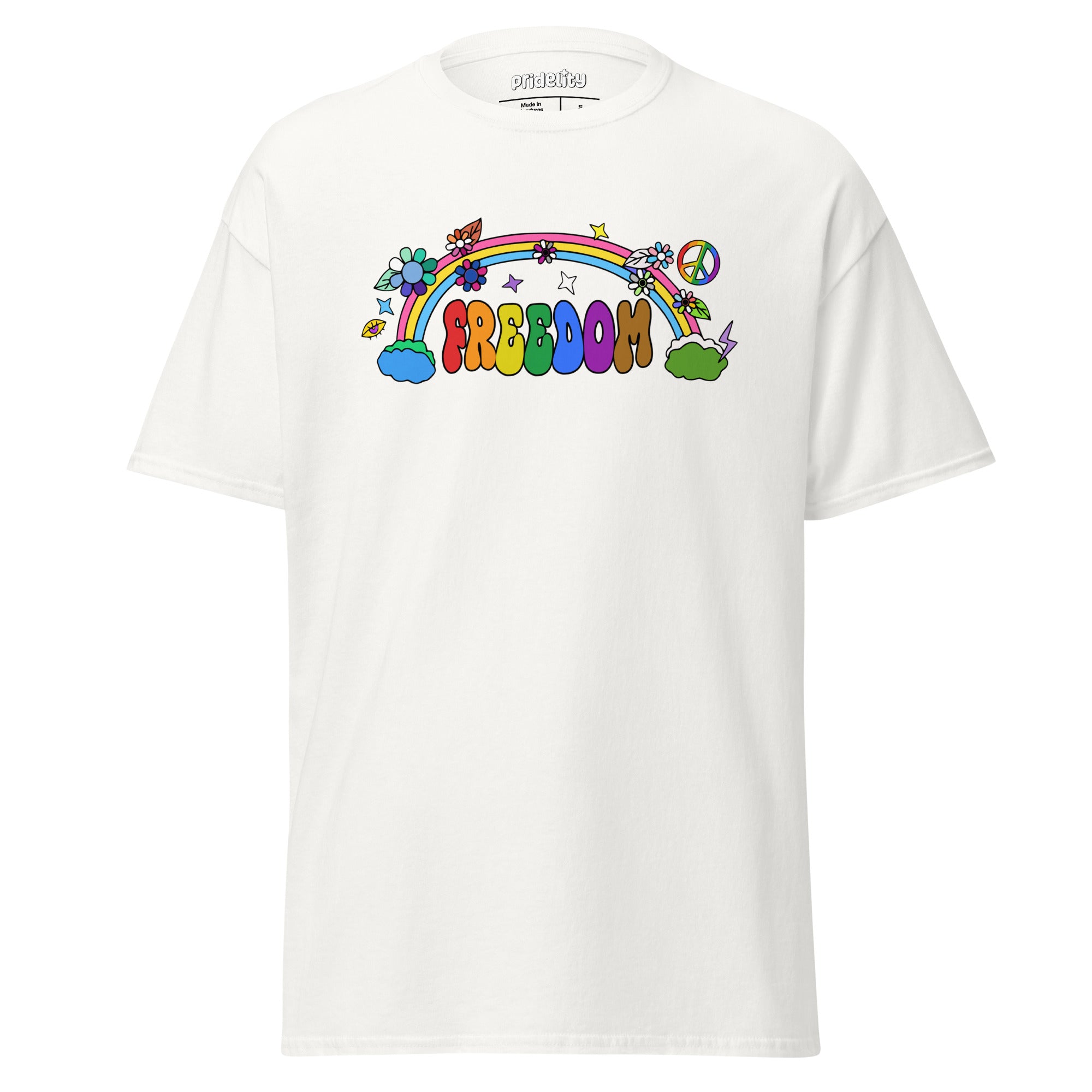 The Freedom T-Shirt by Pridelity features a colorful, cartoon-style design with 