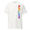 The Pride Vertical T-Shirt by Pridelity is available in light blue and prominently displays the word "PRIDE" vertically on the right side, featuring an array of vibrant rainbow colors: red, orange, yellow, green, blue, and purple.