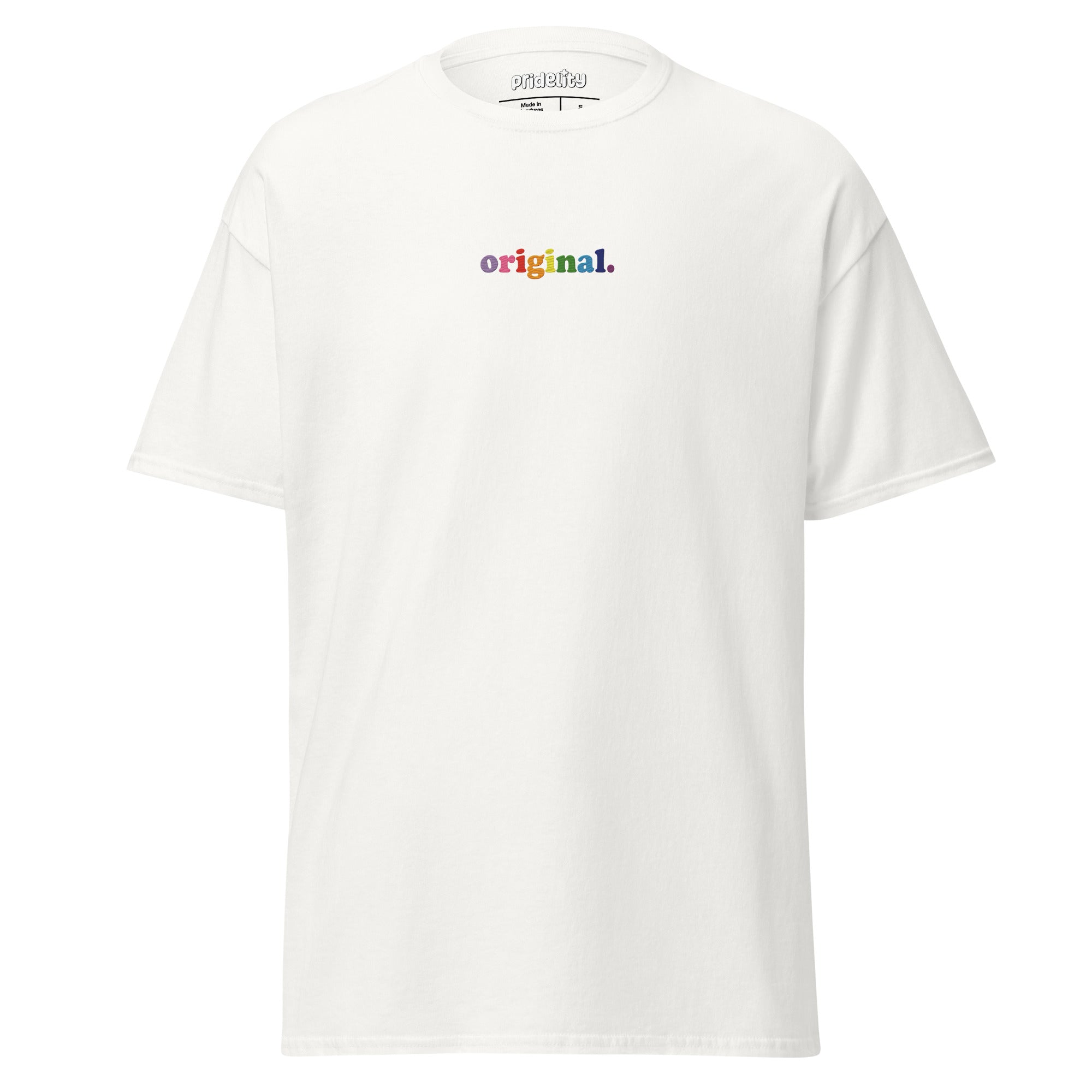 The Original T-Shirt by Pridelity is a plain white pride shirt showcasing the word 