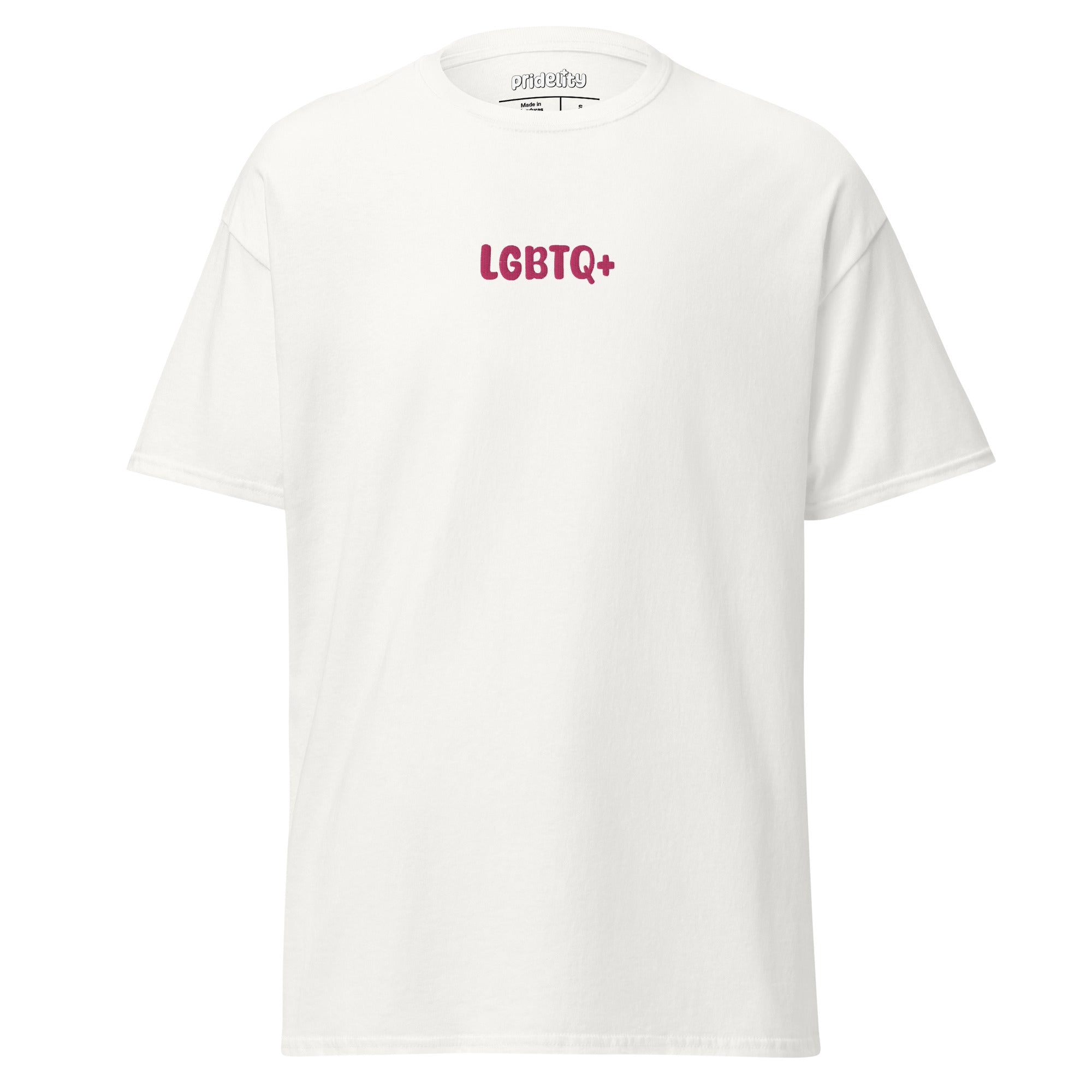 A white Pridelity T-Shirt featuring pink 