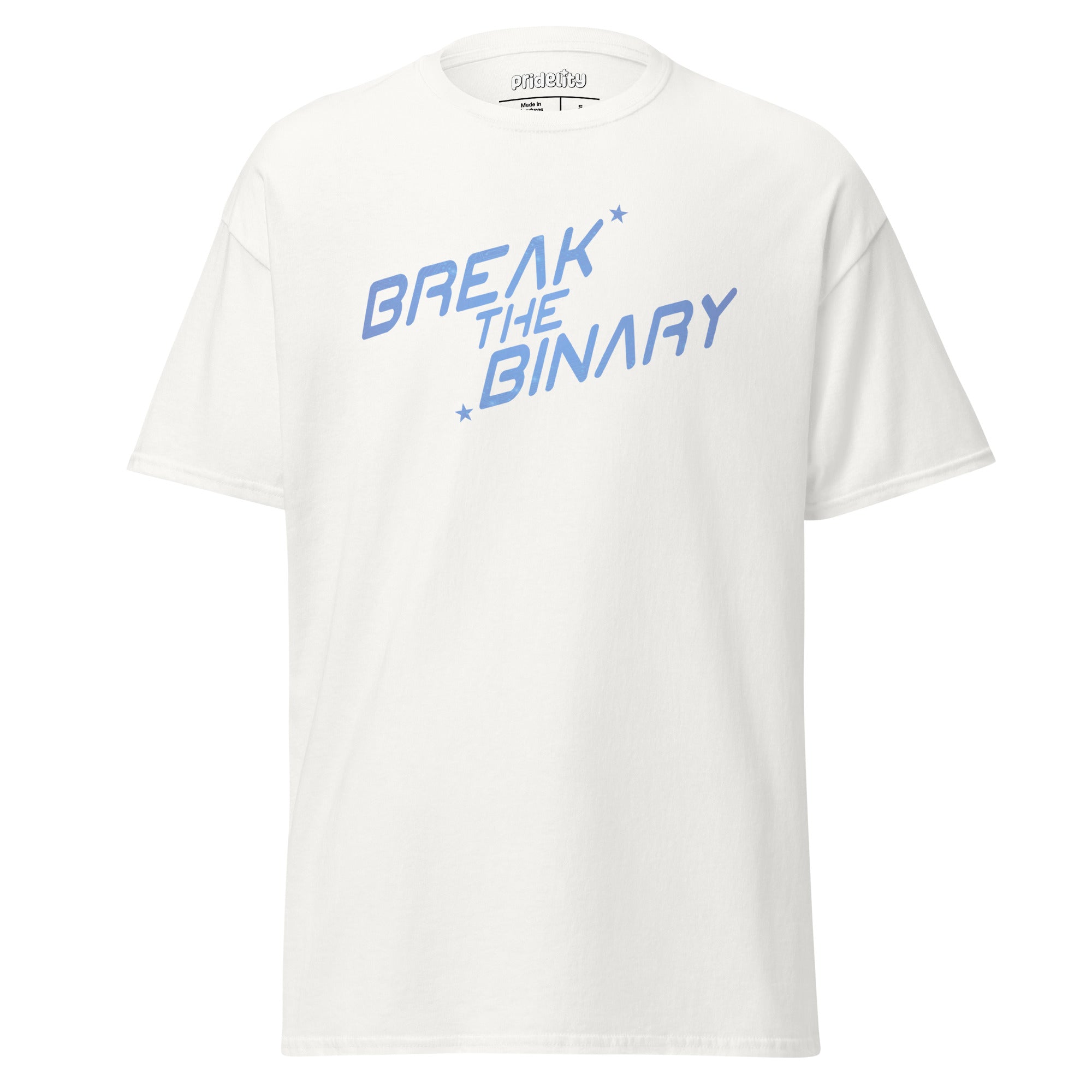 The Break The Binary T-Shirt by Pridelity, part of our Pride Collection, showcases the phrase 