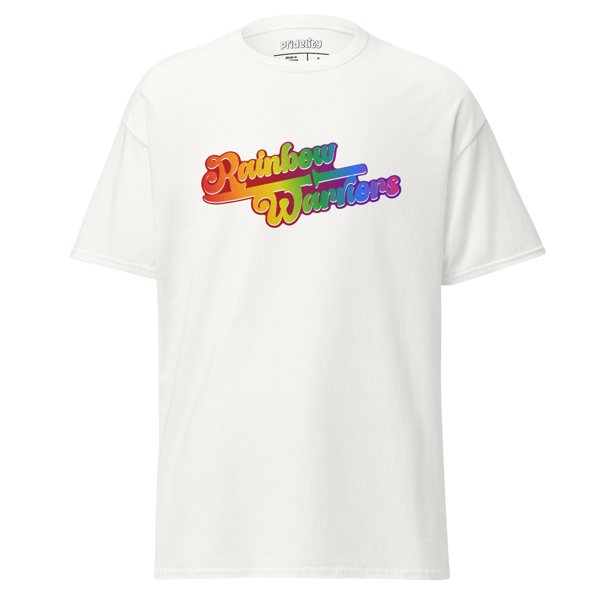 A gold Rainbow Warriors T-Shirt by Pridelity featuring the phrase 