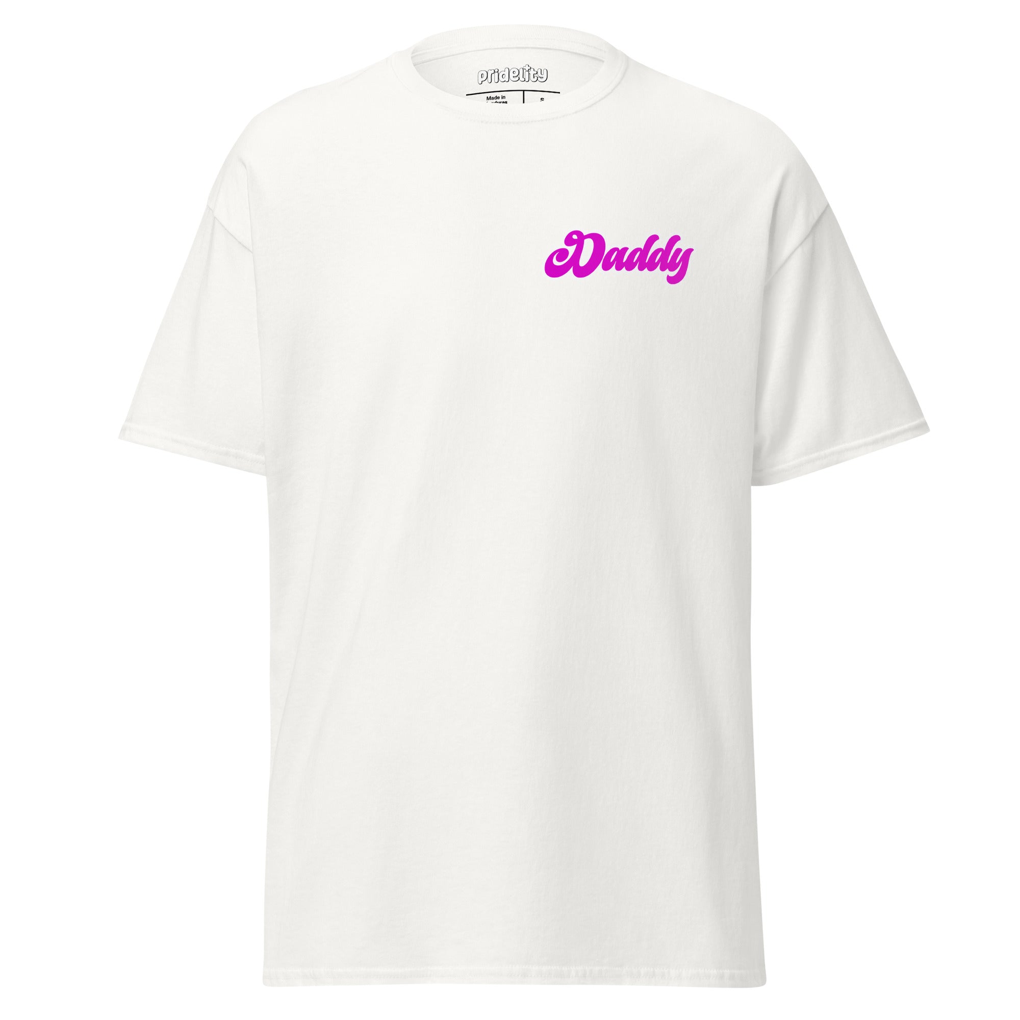 The Daddy T-Shirt from Pridelity's Pride Merch line is a purple t-shirt that features the word 