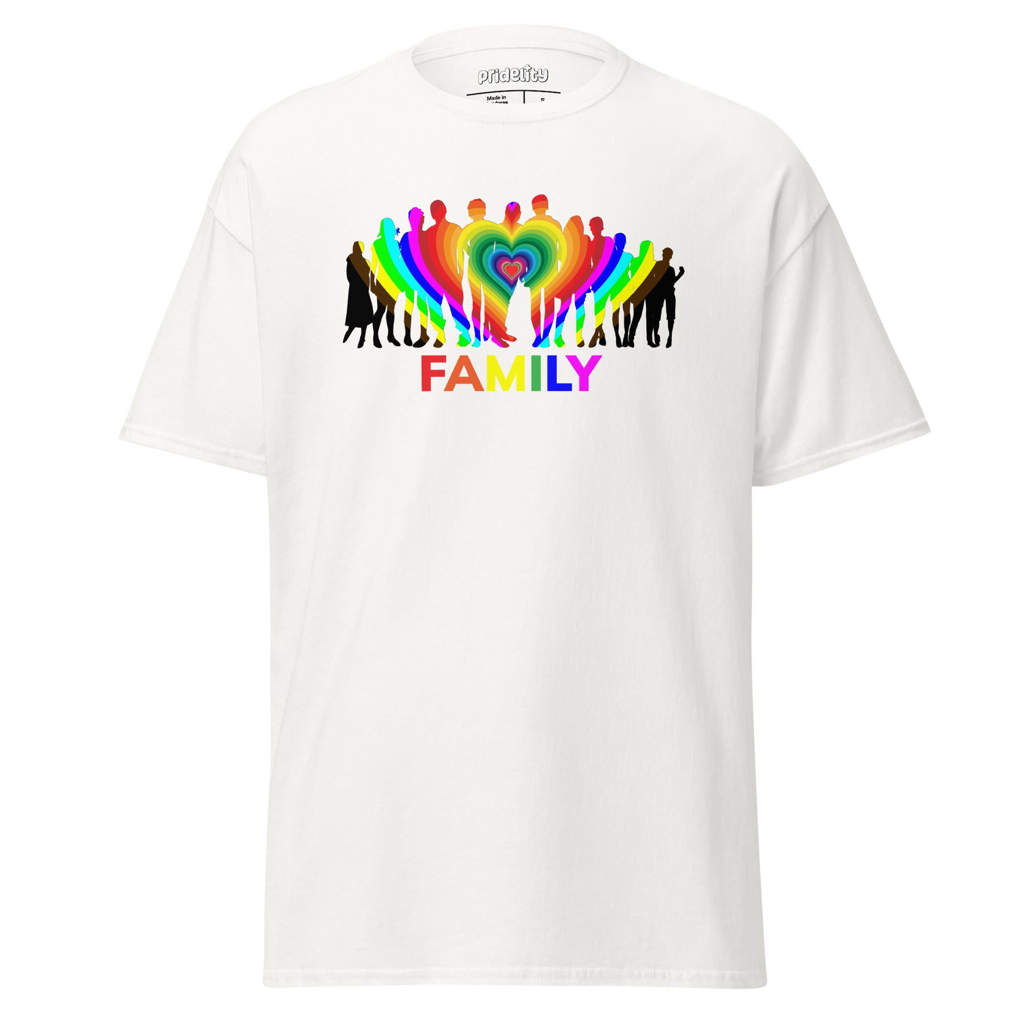 A natural-colored Family T-Shirt from Pridelity's pride collection features a striking rainbow silhouette of a family with a heart at the center. The word 