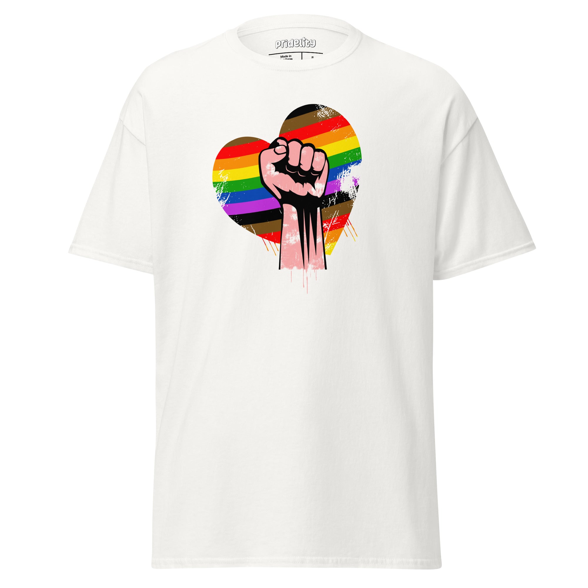 Introducing the Fist Up T-Shirt by Pridelity, a striking black pride shirt featuring a grungy, sketched-style graphic of a raised fist within a rainbow-striped heart. This unique design combines Black pride and LGBTQ+ pride, making it an essential piece of merchandise.