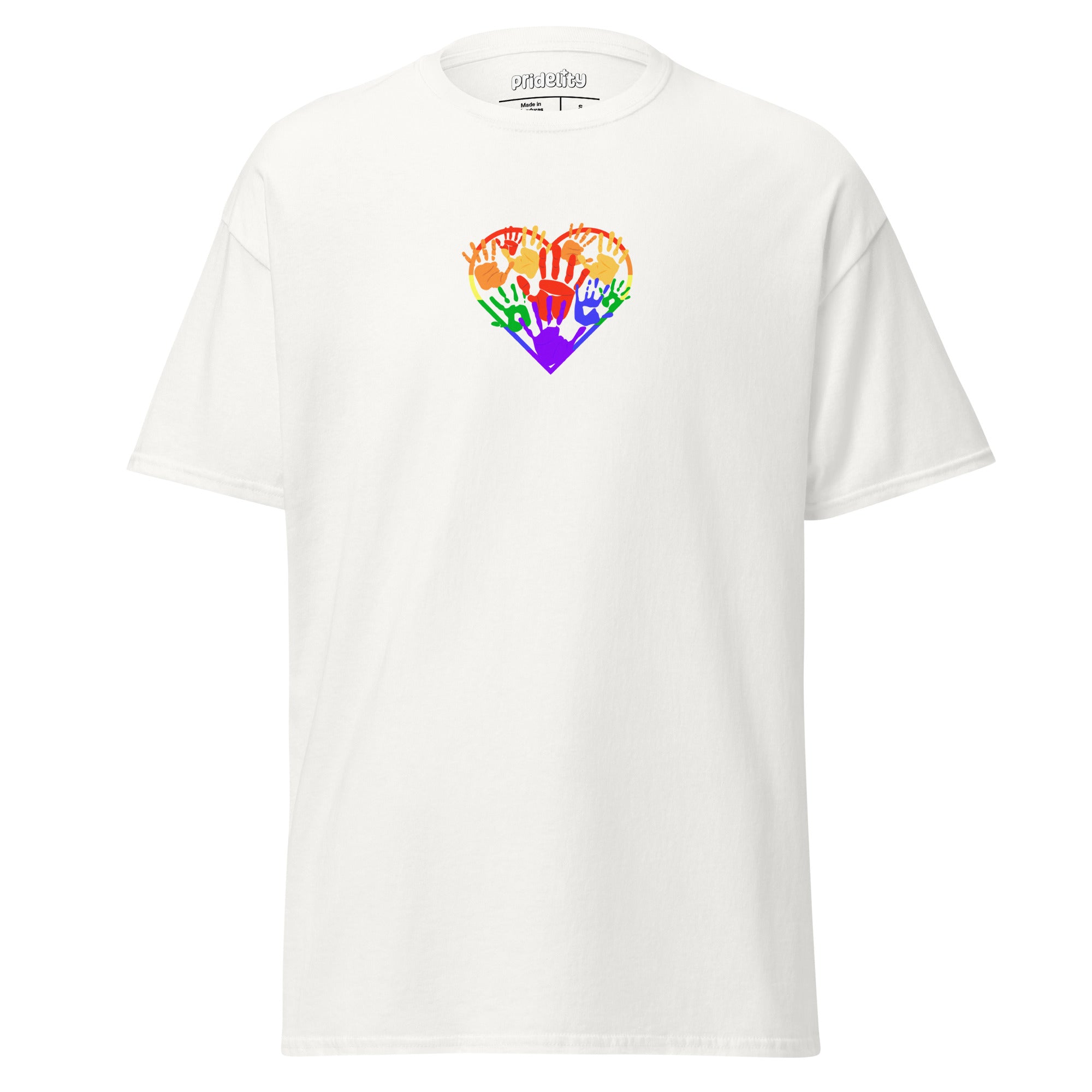 Introducing the Heartfelt Pride T-Shirt by Pridelity, a purple tee from our pride merch collection. It showcases a heart-shaped design of hands in diverse skin tones raised together in solidarity and rainbow colors, with 