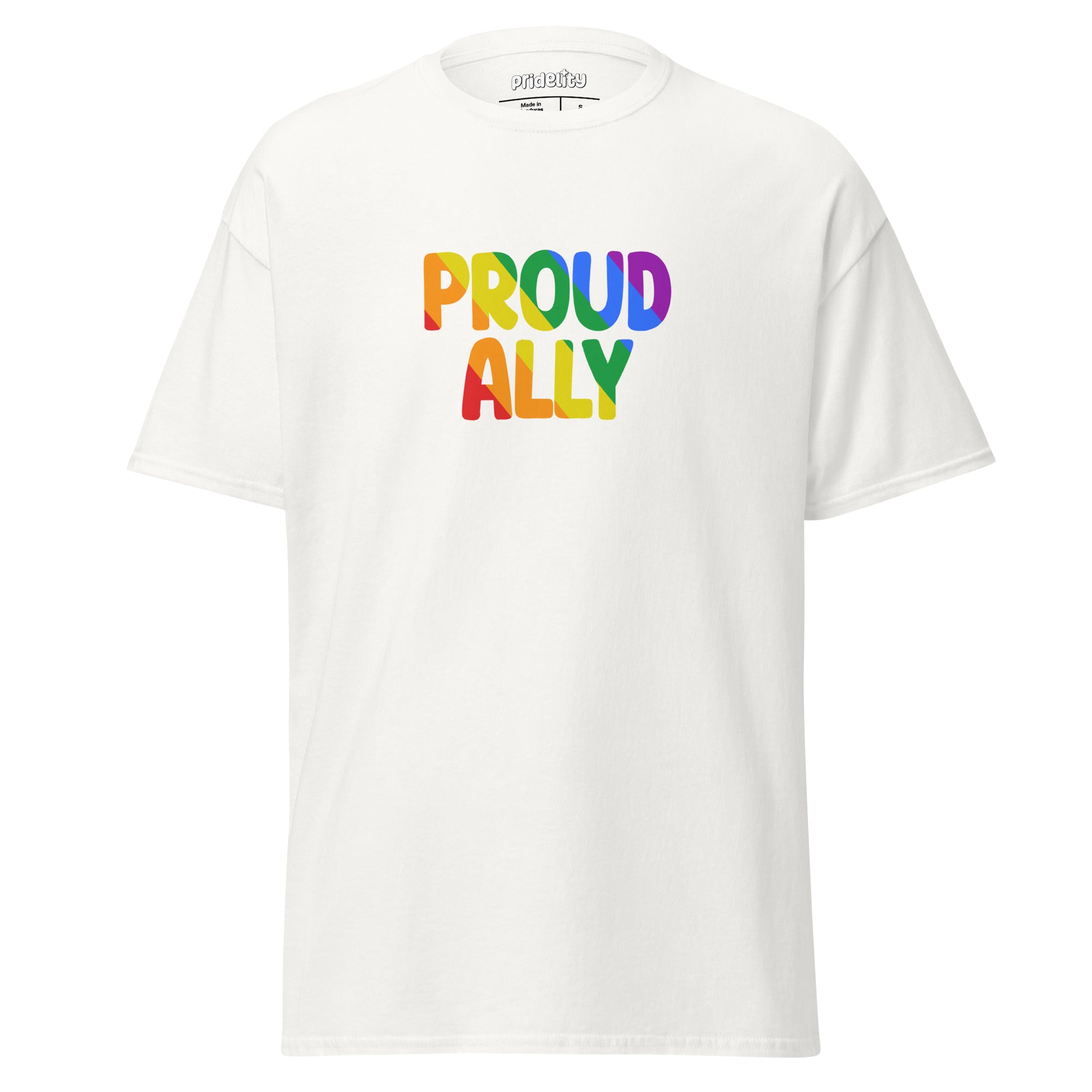 A black Proud Ally T-Shirt from Pridelity, showcasing 