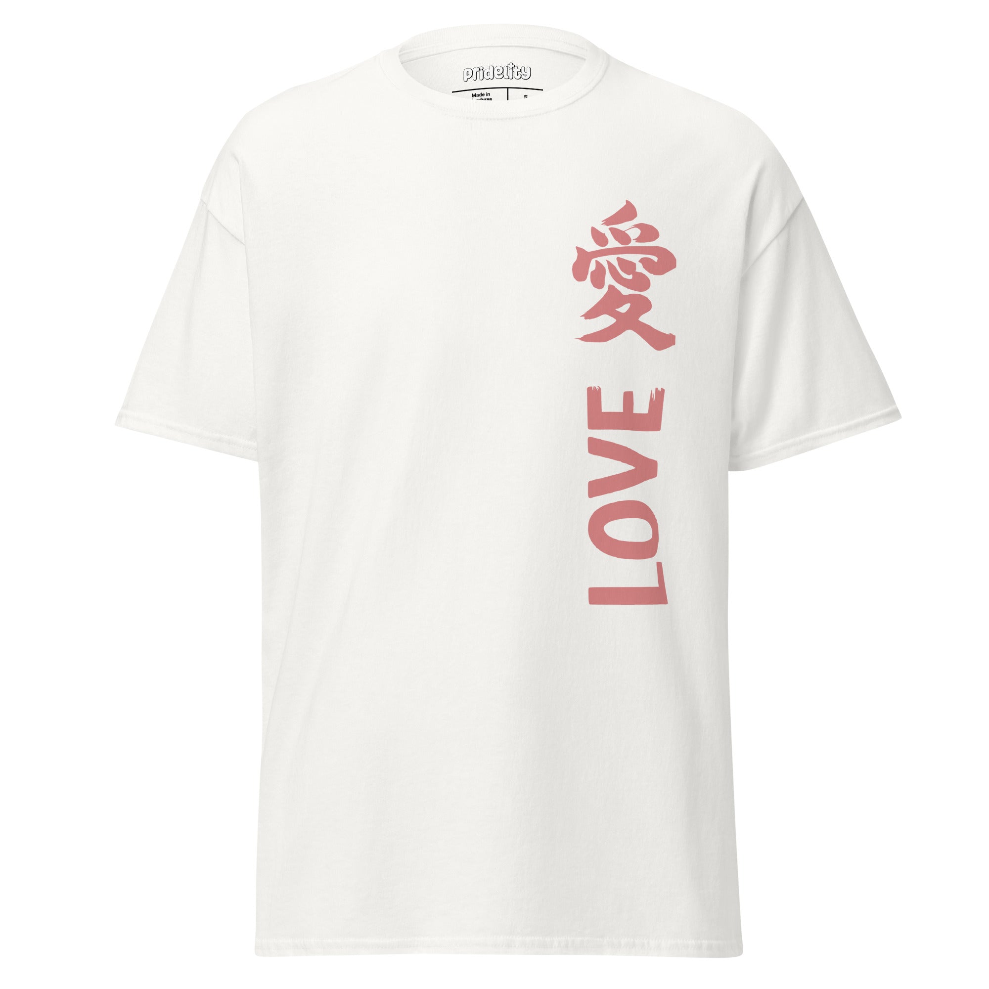 The Pridelity Love Kanji T-Shirt in cardinal features the word 