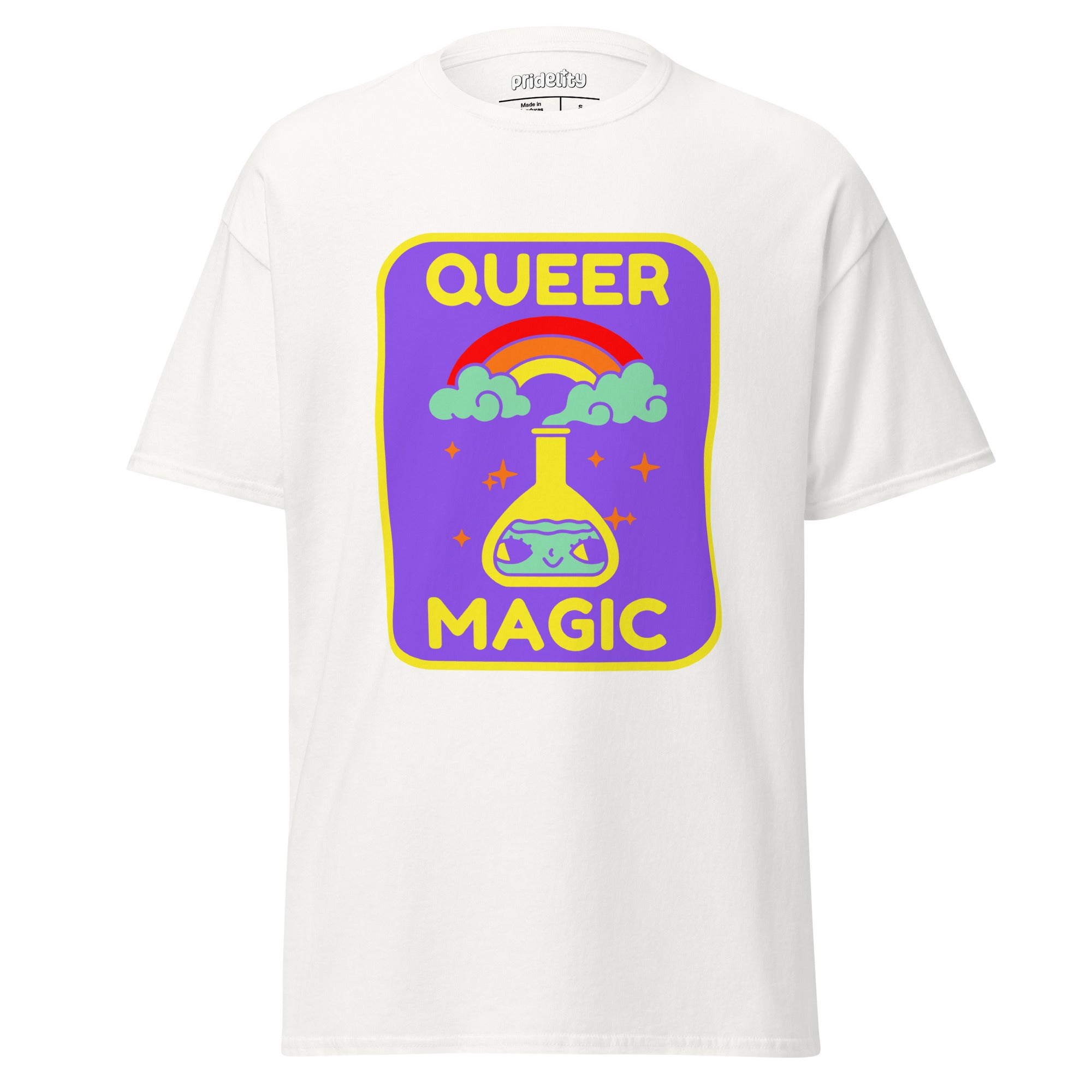 Celebrate diversity with the Queer Magic T-Shirt from Pridelity. This purple tee features a lively design of a potion flask, encircled by clouds, a rainbow, and stars, accompanied by the inspiring phrase 