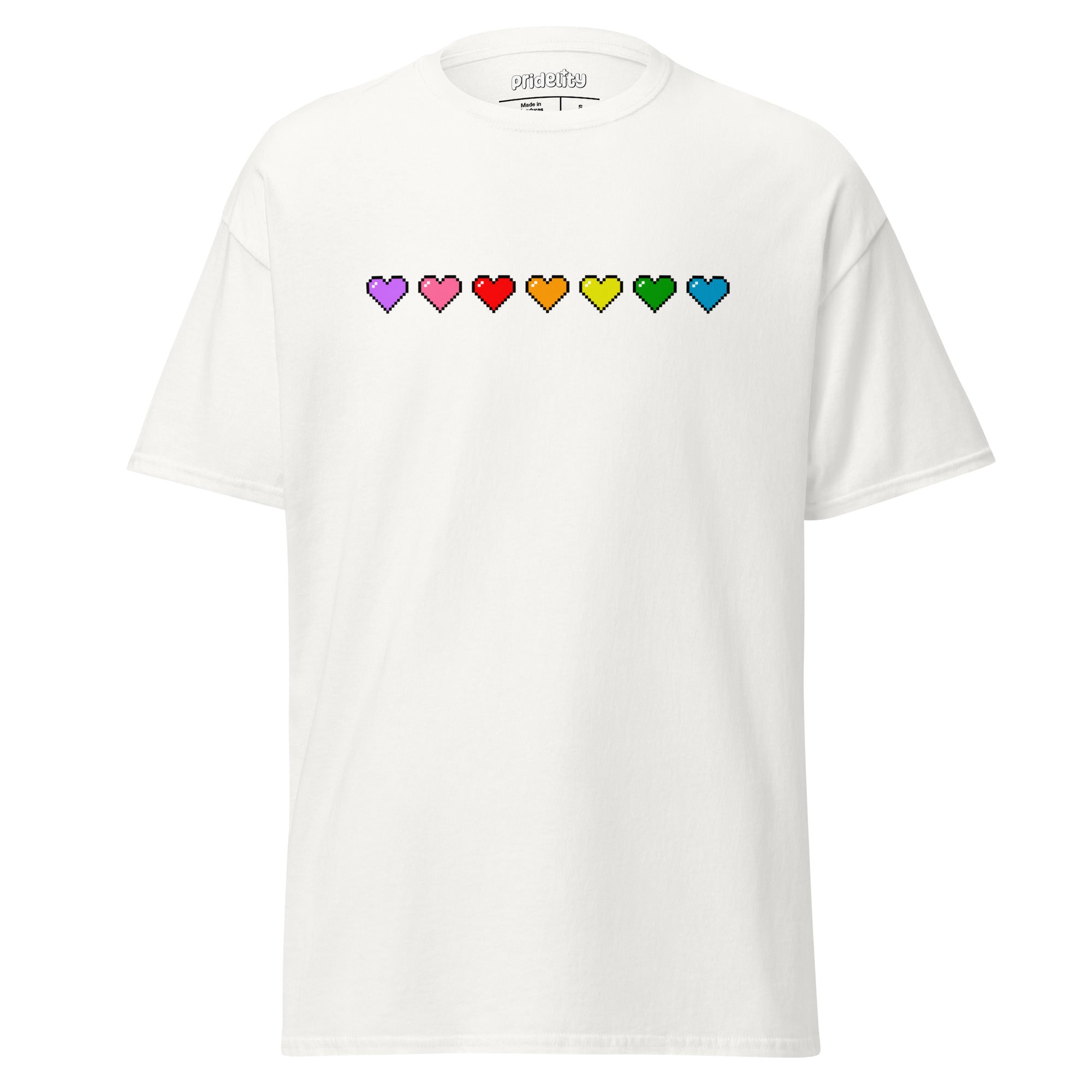 The Pixel Hearts T-Shirt by Pridelity features a pink pride design with seven small hearts in a vibrant horizontal row across the chest, each heart displaying a unique color: purple, red, orange, yellow, green, blue, and black.