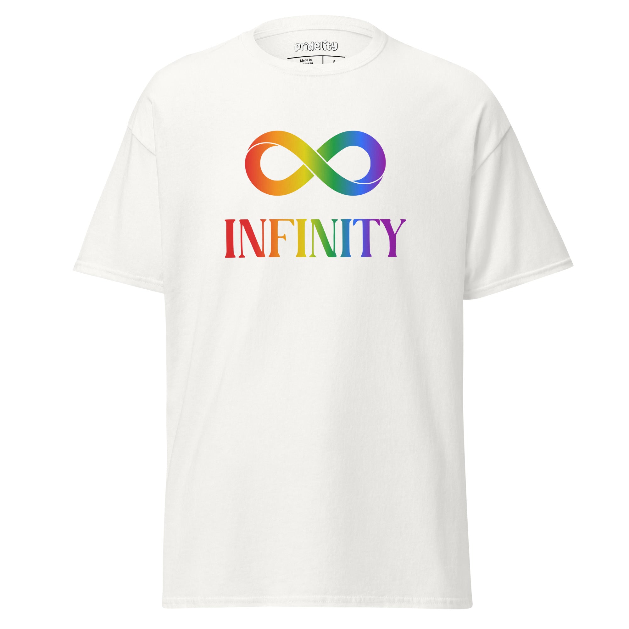 A Pridelity Infinity T-Shirt featuring a white design with a rainbow infinity symbol above the word 