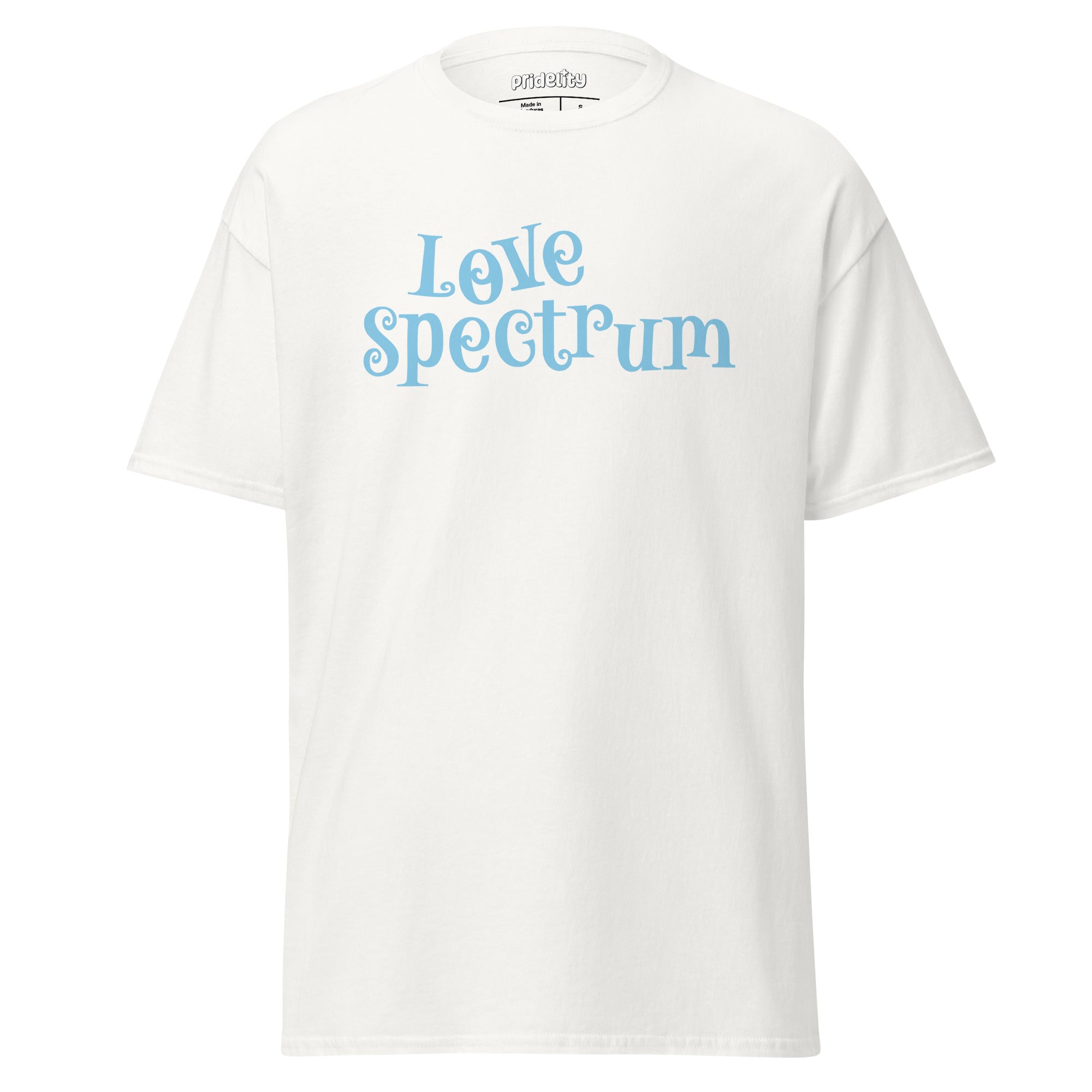 Introducing the Love Spectrum T-Shirt by Pridelity: This delightful white shirt features light blue text whimsically spelling out 