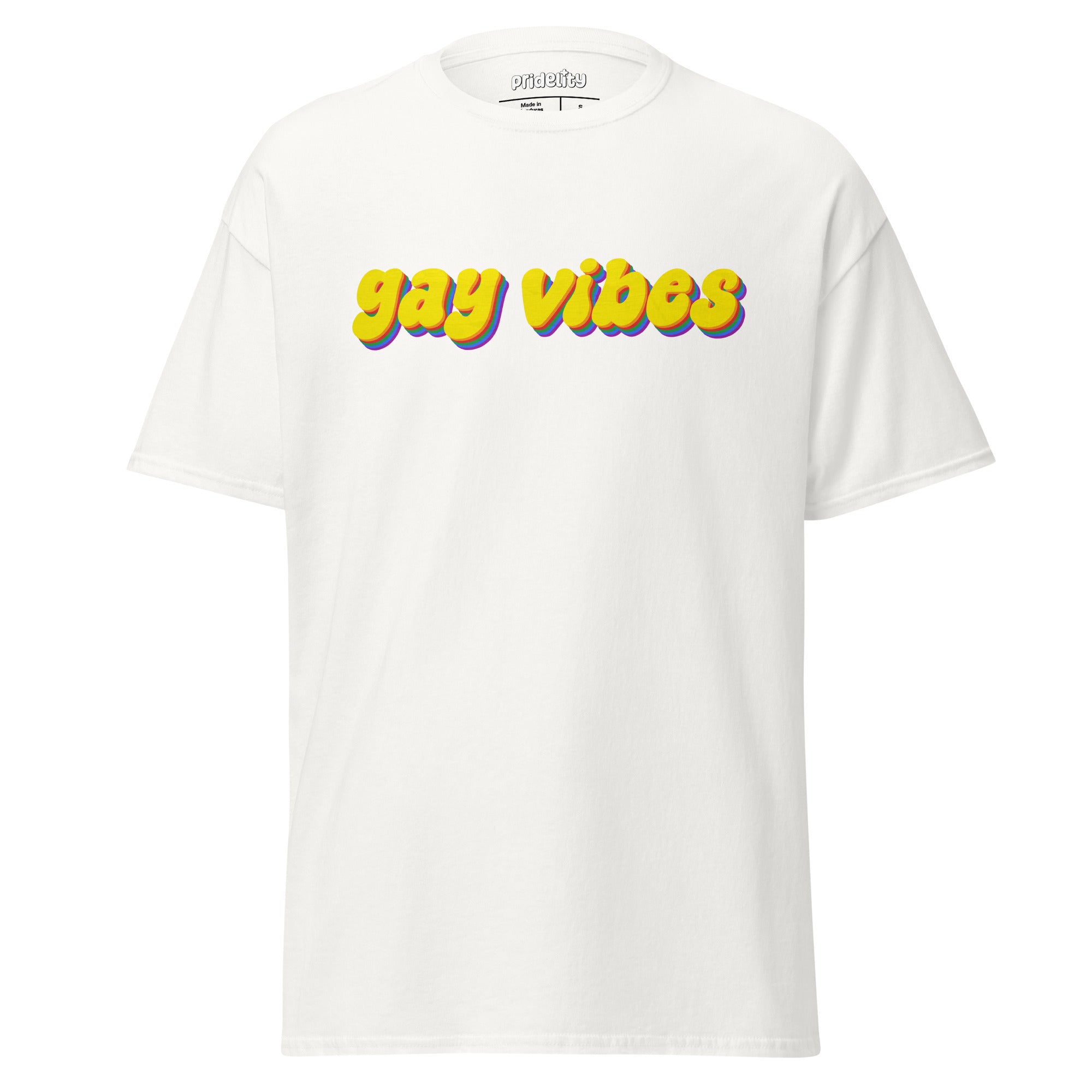 A gold Gay Vibes T-Shirt, crafted by Pridelity, features the bold and colorful 