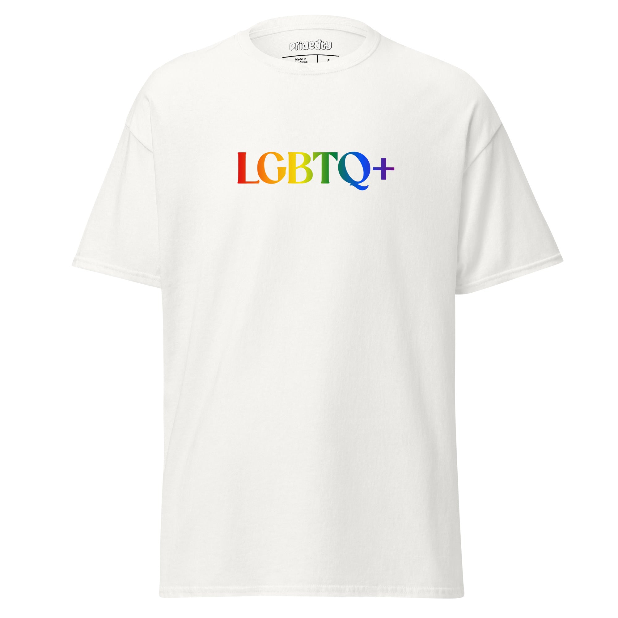 White Pridelity LGBTQ+ T-Shirt showcasing the text 