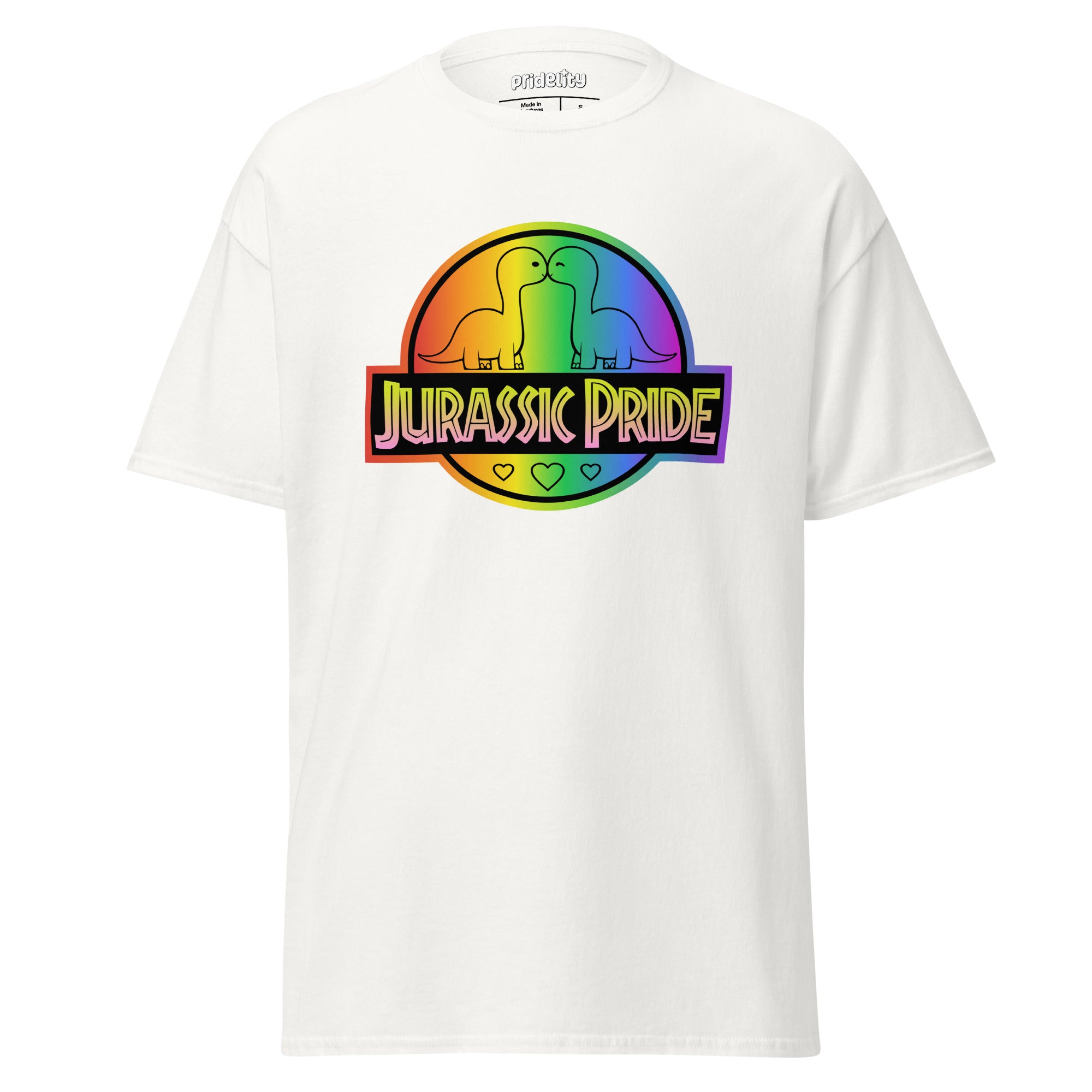 Introducing the Pridelity Jurassic Pride T-Shirt, a vibrant red shirt featuring a rainbow logo with two dinosaurs and the phrase 