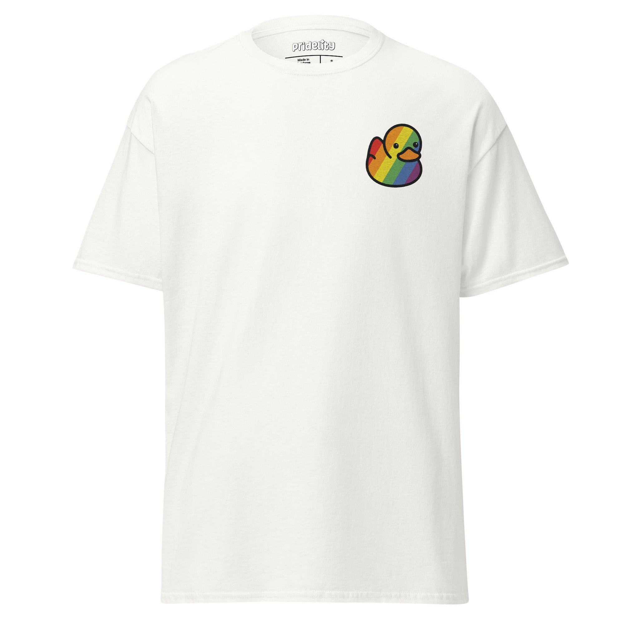 A Pridelity Pride Duck T-Shirt in pink, featuring a small rainbow duck on the chest.