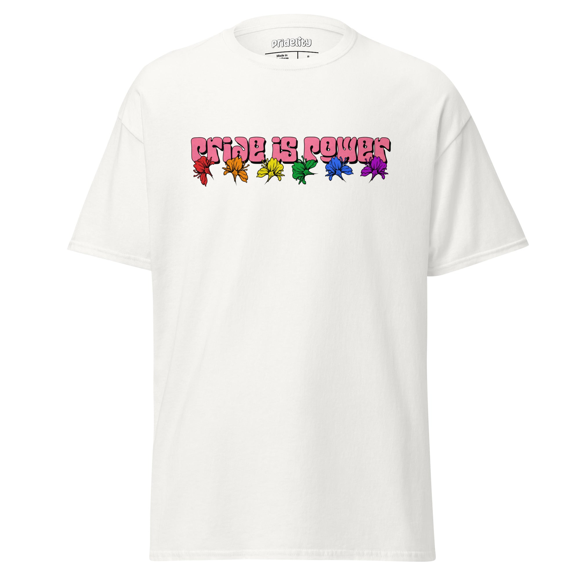 Introducing the Pride Is Power T-Shirt by Pridelity, adorned with 