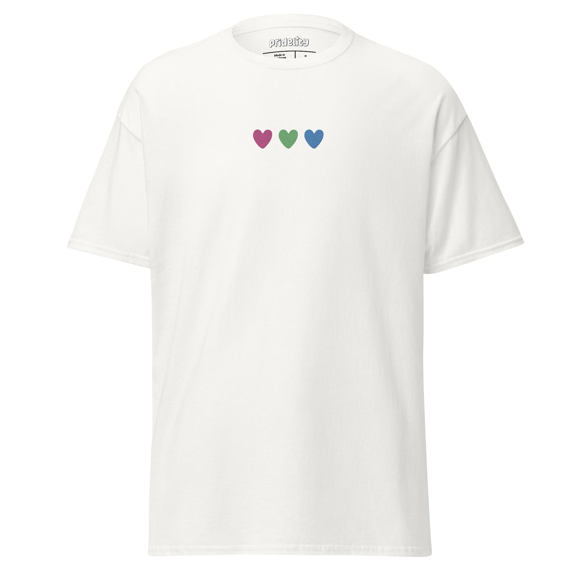 The Pridelity Polysexual Love T-Shirt is a plain white pride shirt adorned with three small heart symbols in pink, green, and blue across the chest.