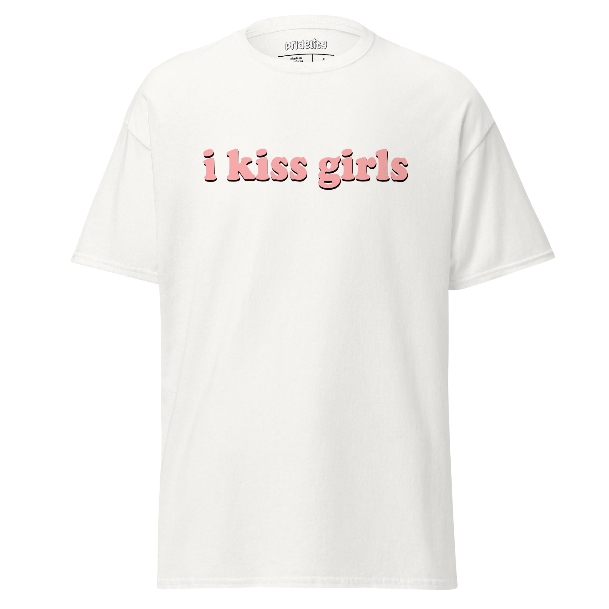 Introducing the I Kiss Girls T-Shirt by Pridelity: a white pride shirt with standout pink text saying 