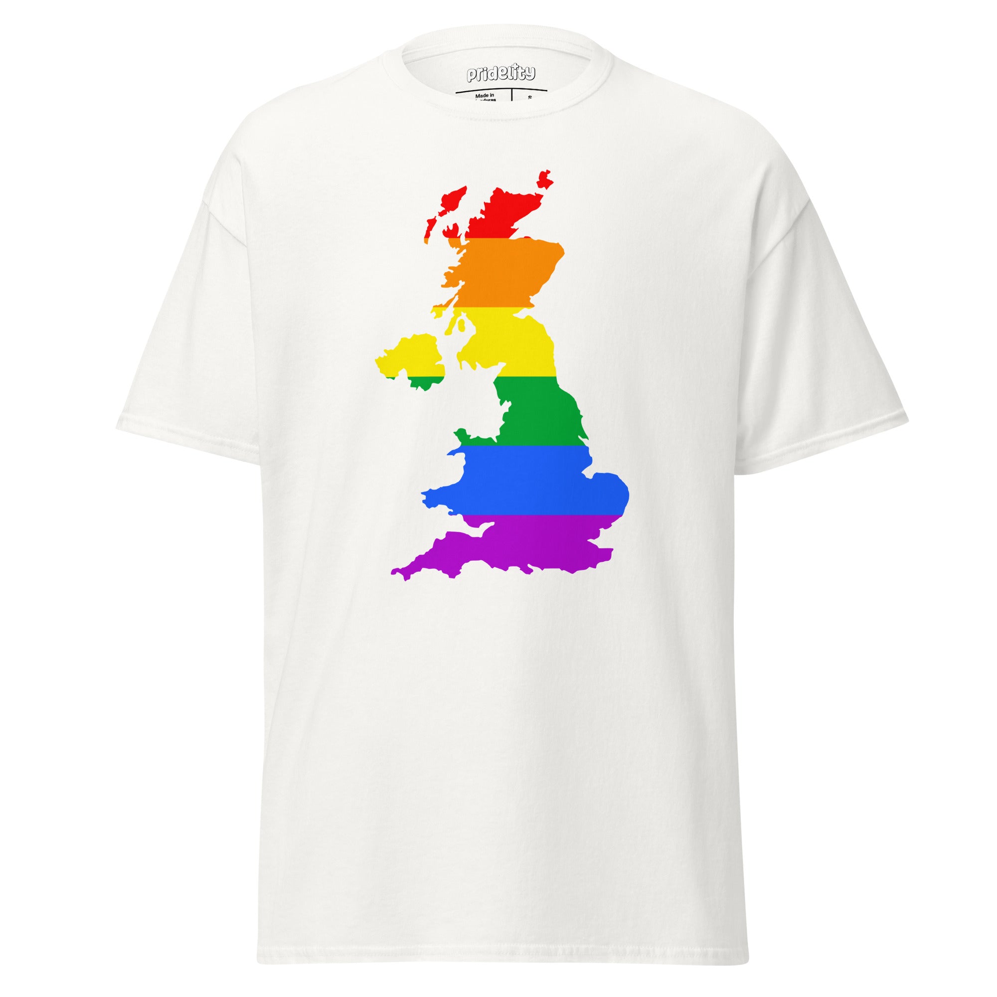 Introducing the British Isles Pride T-Shirt by Pridelity, a standout piece in our Pride Collections. This white t-shirt features a vibrant rainbow map of the United Kingdom, symbolizing LGBTQ+ pride.