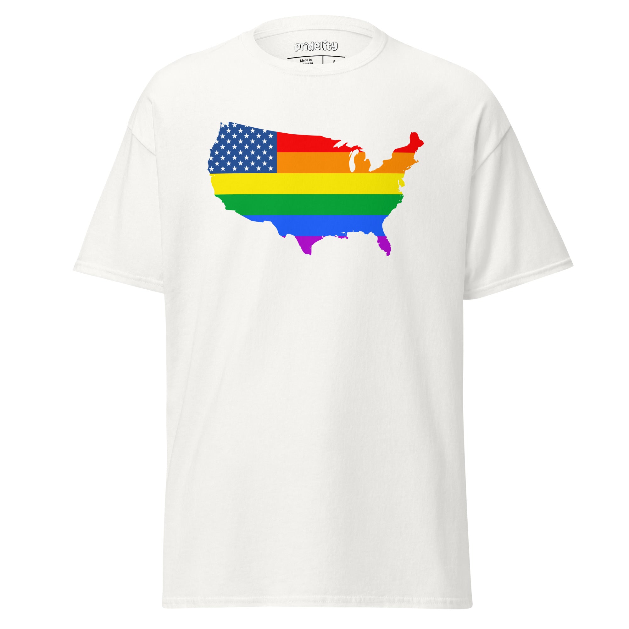 The US Map Pride T-Shirt by Pridelity features a graphic of the United States map, skillfully combining the American flag with vibrant rainbow colors to represent unity and diversity. This T-shirt comes in white.