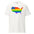 The US Map Pride T-Shirt by Pridelity features a graphic of the United States map, skillfully combining the American flag with vibrant rainbow colors to represent unity and diversity. This T-shirt comes in white.