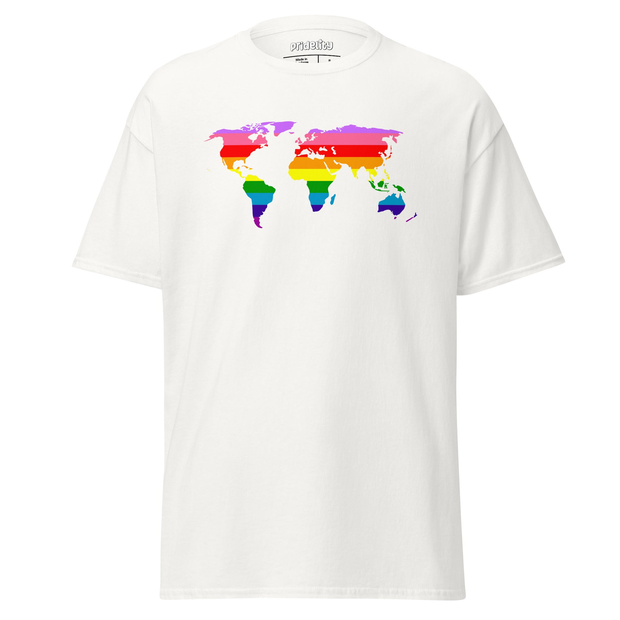 The World Pride T-Shirt by Pridelity features a striking world map design in rainbow colors across the chest, set on a light blue background.