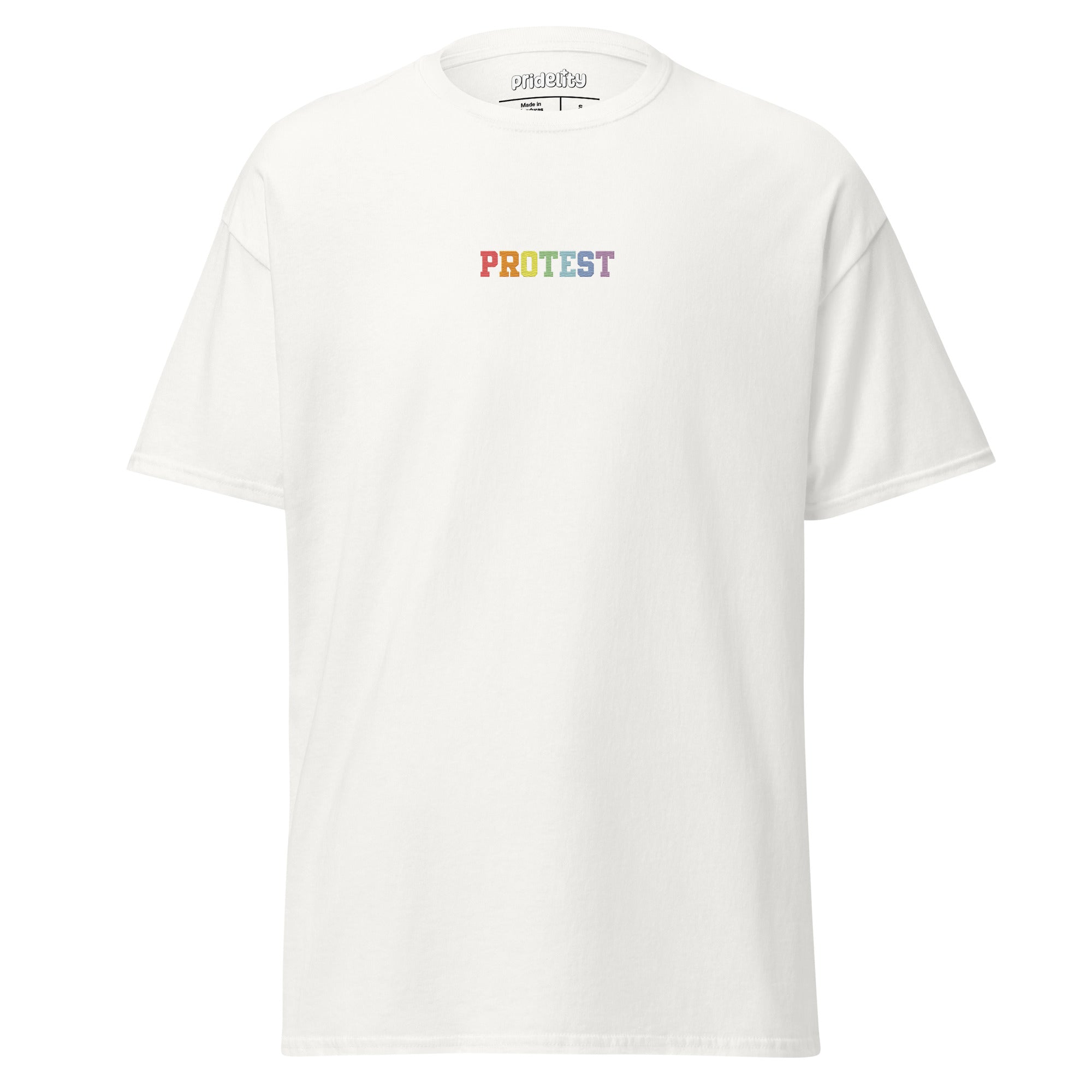 The Protest T-Shirt by Pridelity is a bold black garment featuring the word 