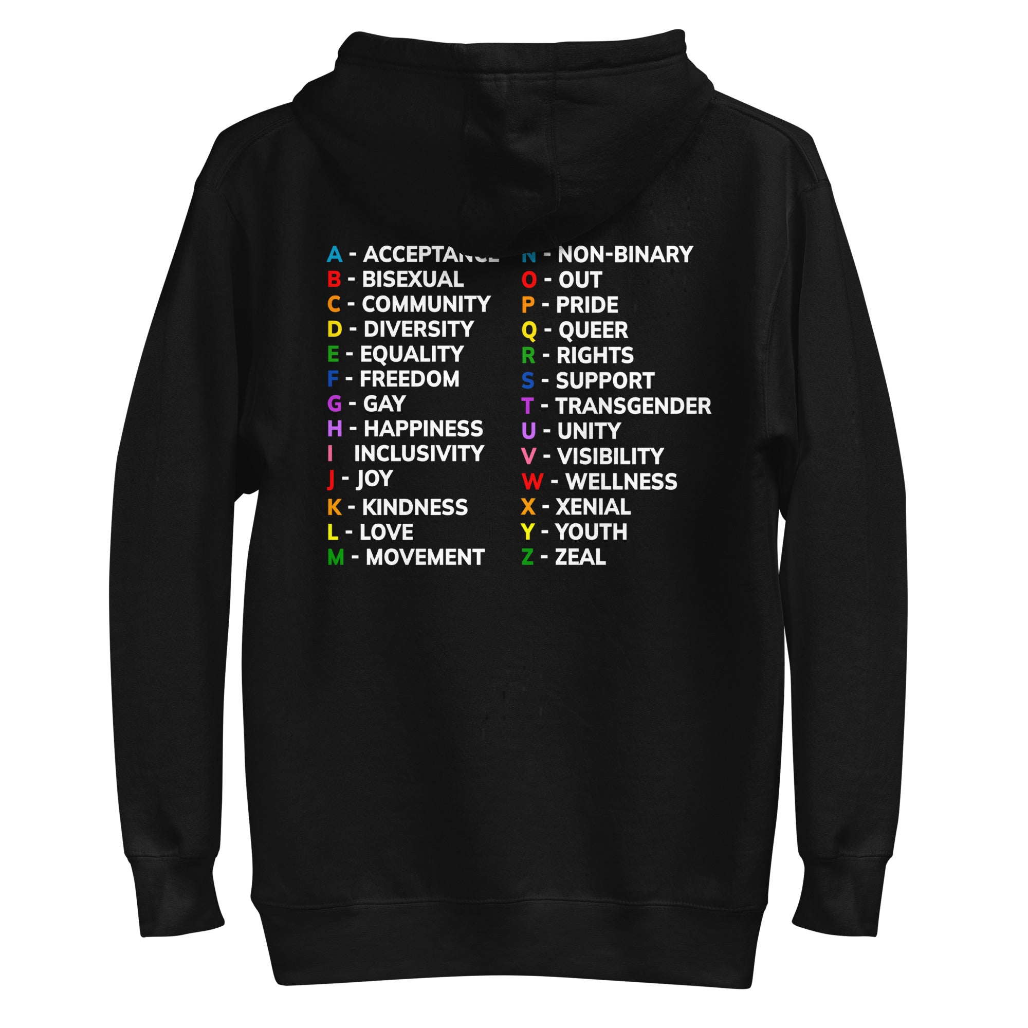 Black Alphabet Hoodie featuring LGBTQ+ pride-themed words for each letter, colorful text design, and a comfortable fit. Perfect pride merch.