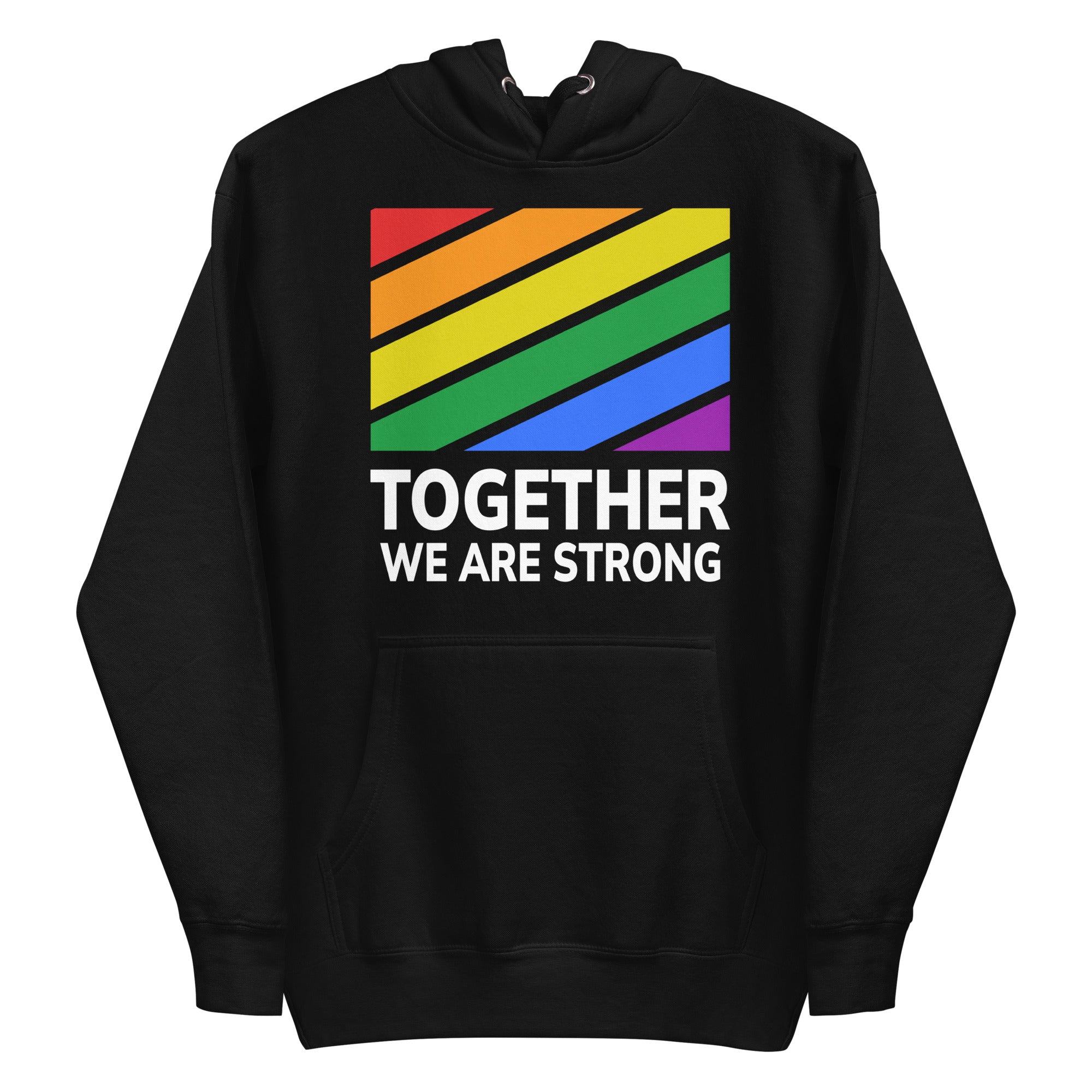 The Together Hoodie by Pridelity features a rainbow-striped rectangular design above the empowering slogan 