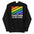 The Together Hoodie by Pridelity features a rainbow-striped rectangular design above the empowering slogan "Together We Are Strong," celebrating LGBTQ+ unity, all on a sleek black hoodie.