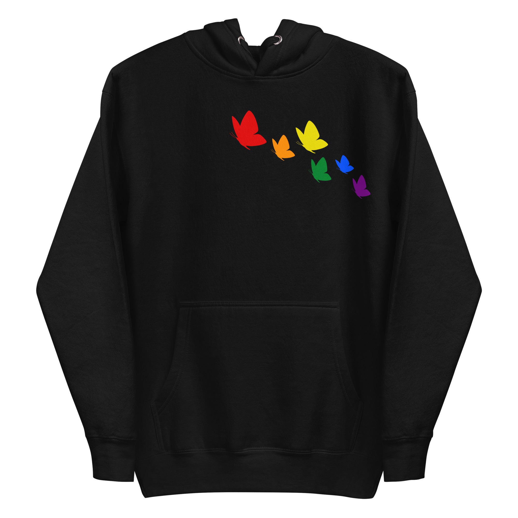 This Butterfly Hoodie from Pridelity's Pride Collection features a striking design of seven butterflies arranged in a diagonal pattern, each reflecting the colors of the rainbow: red, orange, yellow, green, light blue, dark blue, and purple.