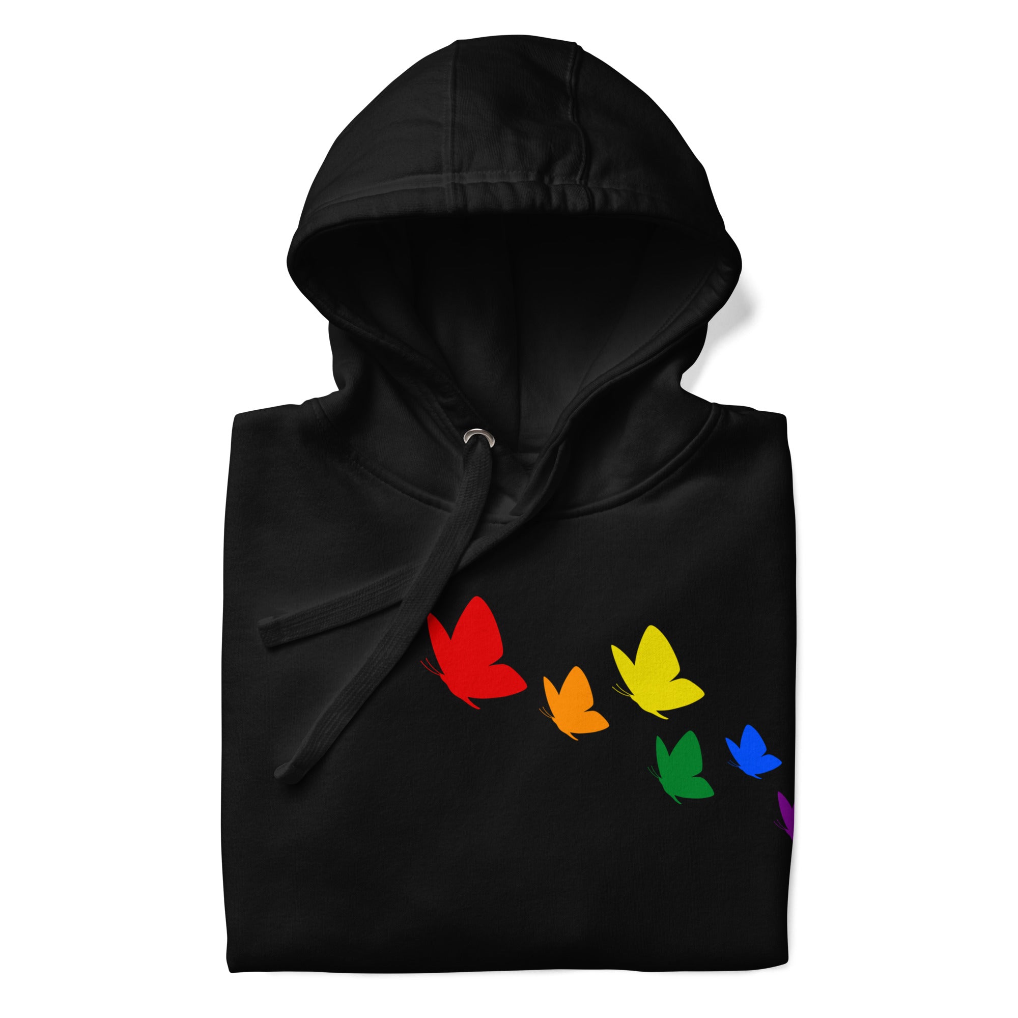 This Butterfly Hoodie from Pridelity's Pride Collection features a striking design of seven butterflies arranged in a diagonal pattern, each reflecting the colors of the rainbow: red, orange, yellow, green, light blue, dark blue, and purple.