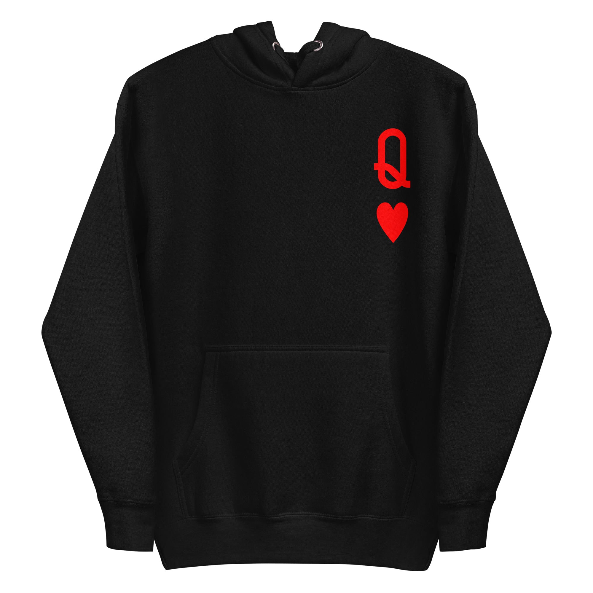 Presenting the Queen of Hearts Hoodie by Pridelity: a white hoodie adorned with a red 