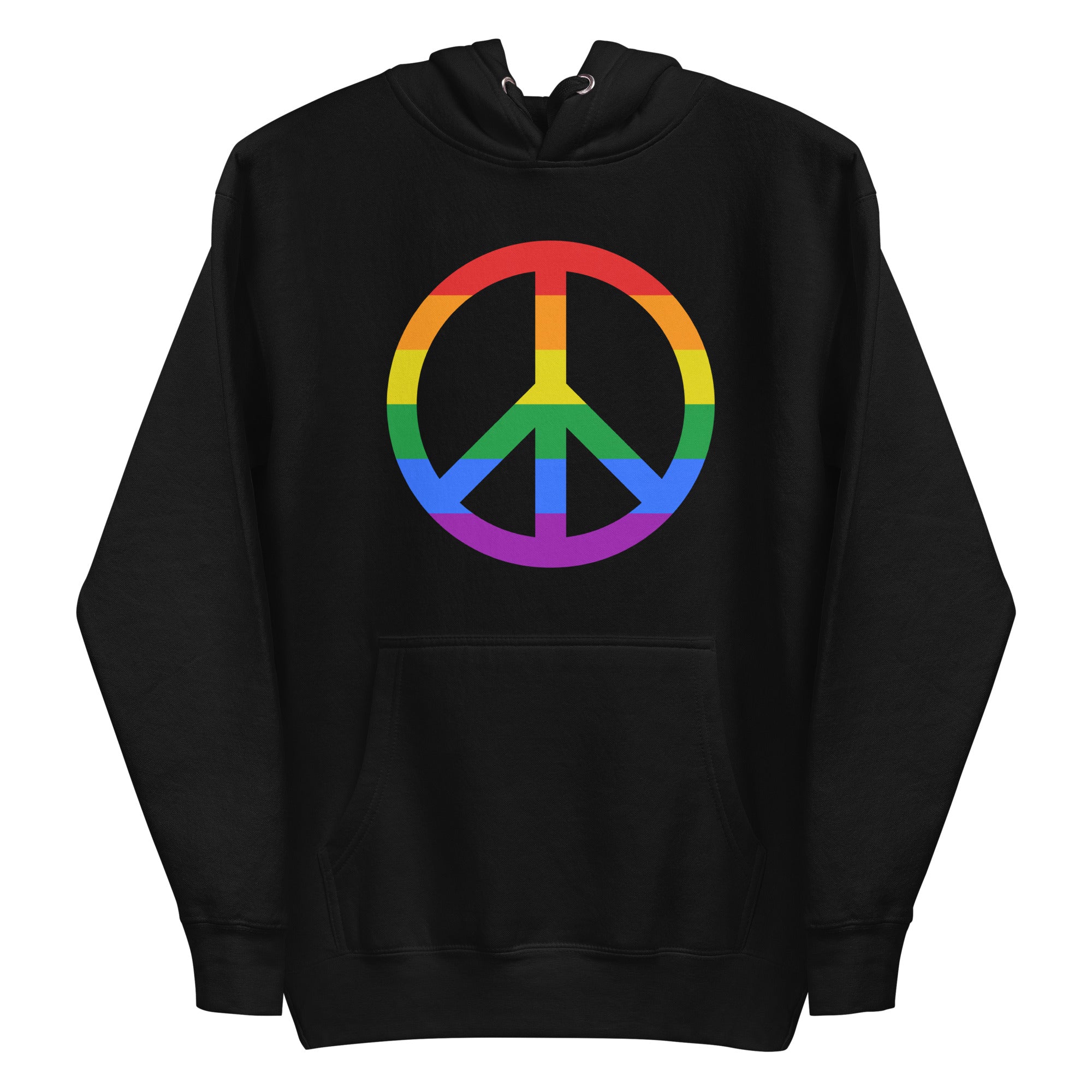 The Peace Hoodie by Pridelity showcases a rainbow peace symbol on the front of a black hoodie, set against a plain white background, making it an ideal addition to your pride shirt collection.