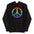 The Peace Hoodie by Pridelity showcases a rainbow peace symbol on the front of a black hoodie, set against a plain white background, making it an ideal addition to your pride shirt collection.