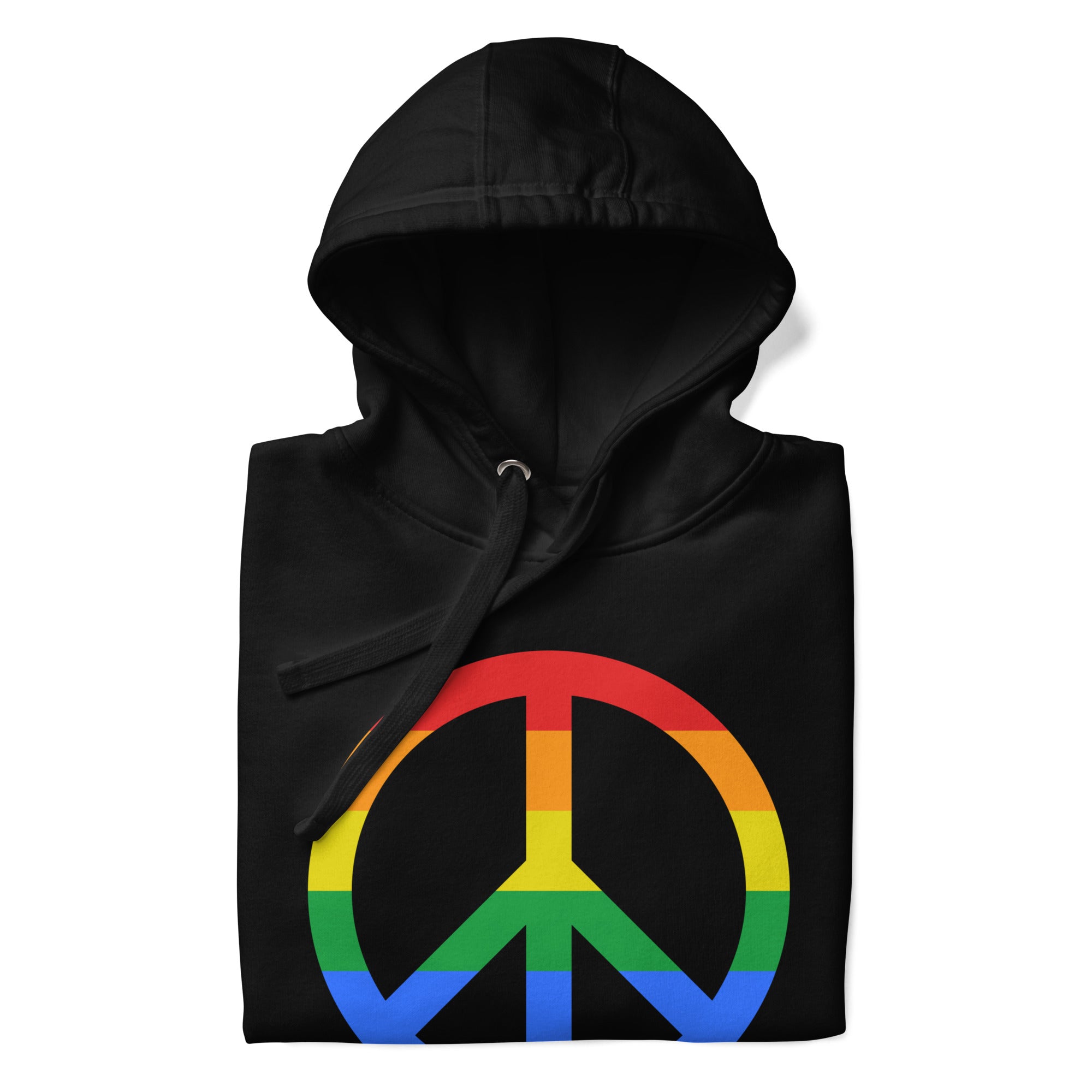 The Peace Hoodie by Pridelity showcases a rainbow peace symbol on the front of a black hoodie, set against a plain white background, making it an ideal addition to your pride shirt collection.