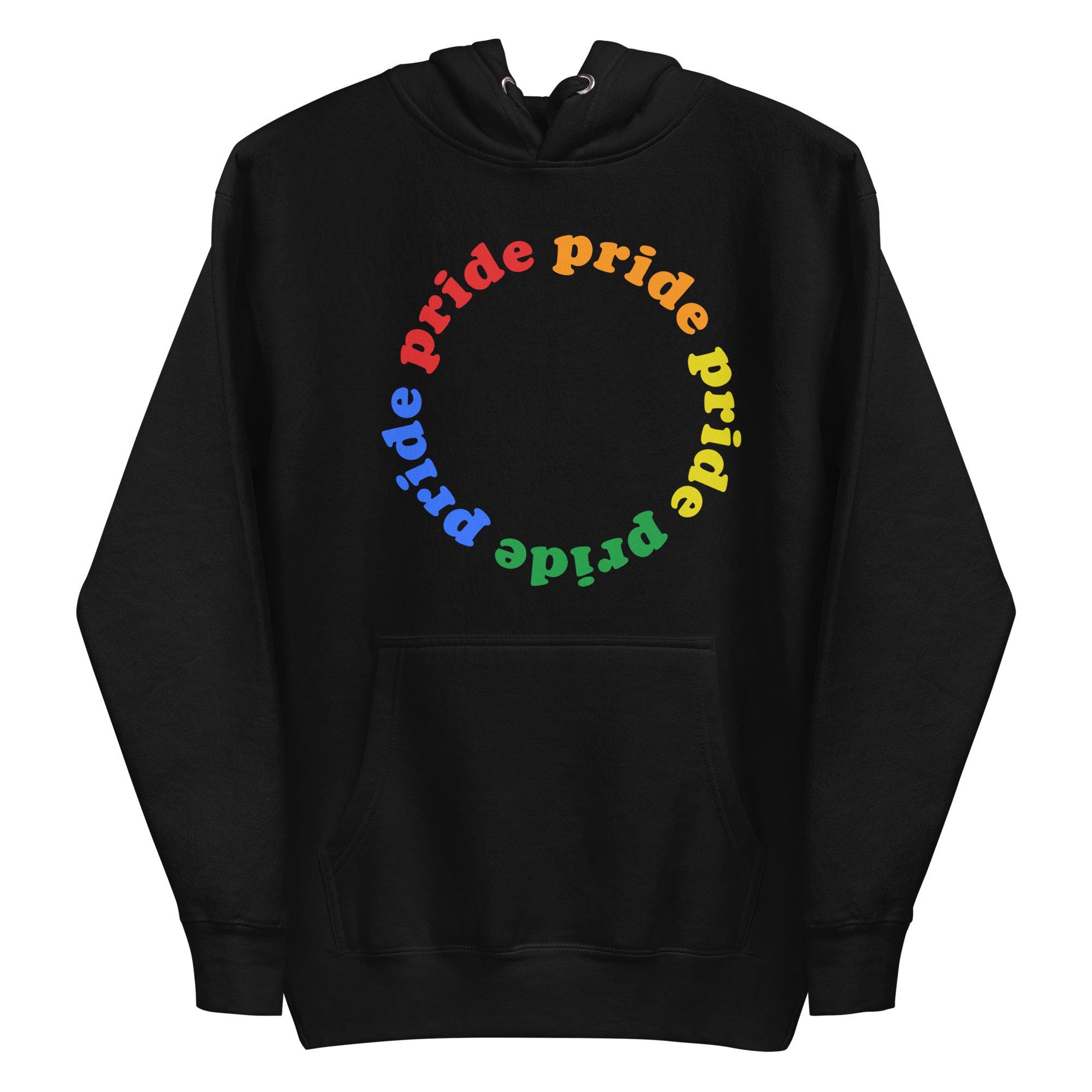 Introducing the Pride Circle Hoodie by Pridelity, a stylish white hoodie that celebrates pride with a captivating circular design featuring the word 