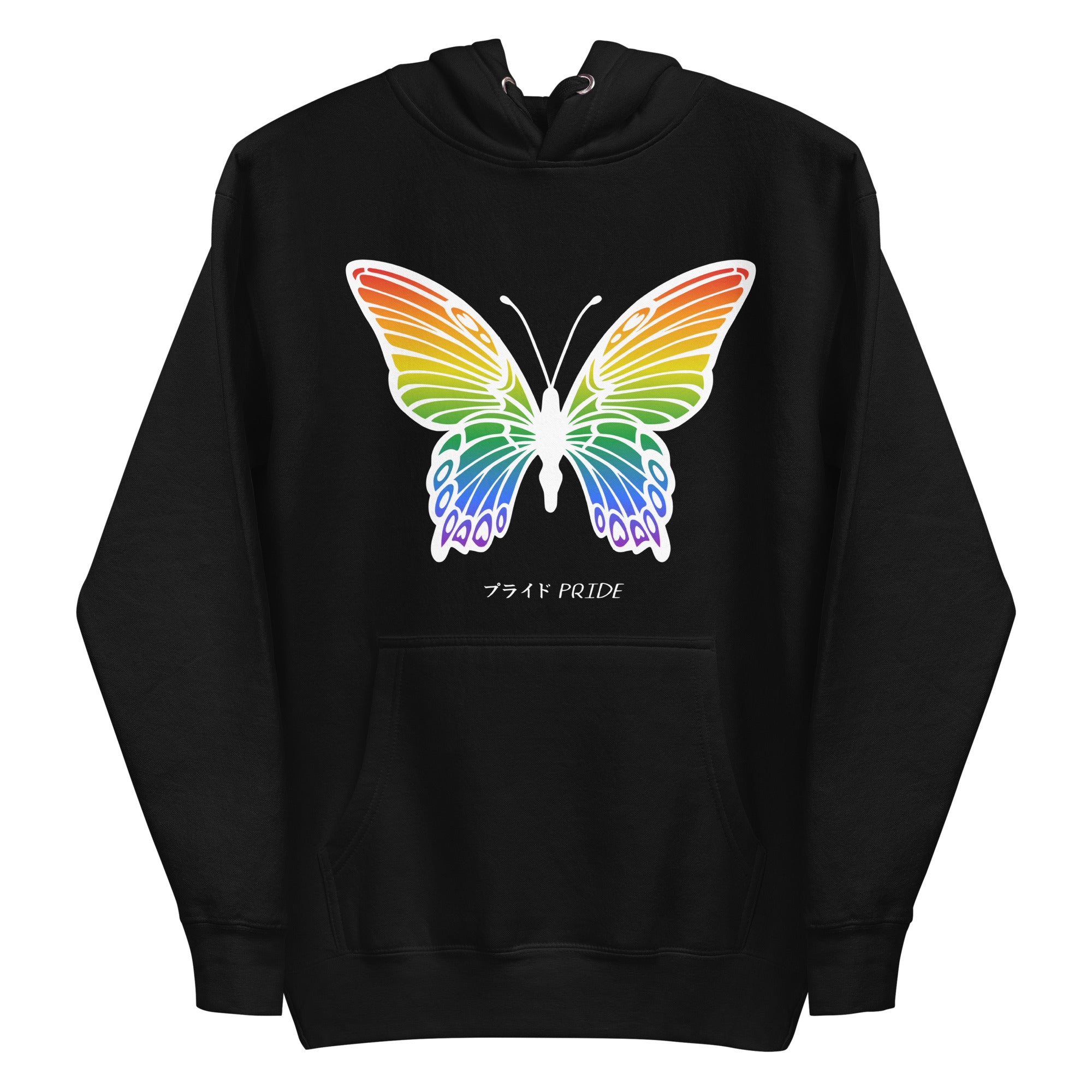 Explore the Butterfly Pride Hoodie from Pridelity, a standout piece from our Pride Collection. This purple hoodie features an impressive butterfly with vibrant rainbow wings. The design is beautifully complemented by the word 