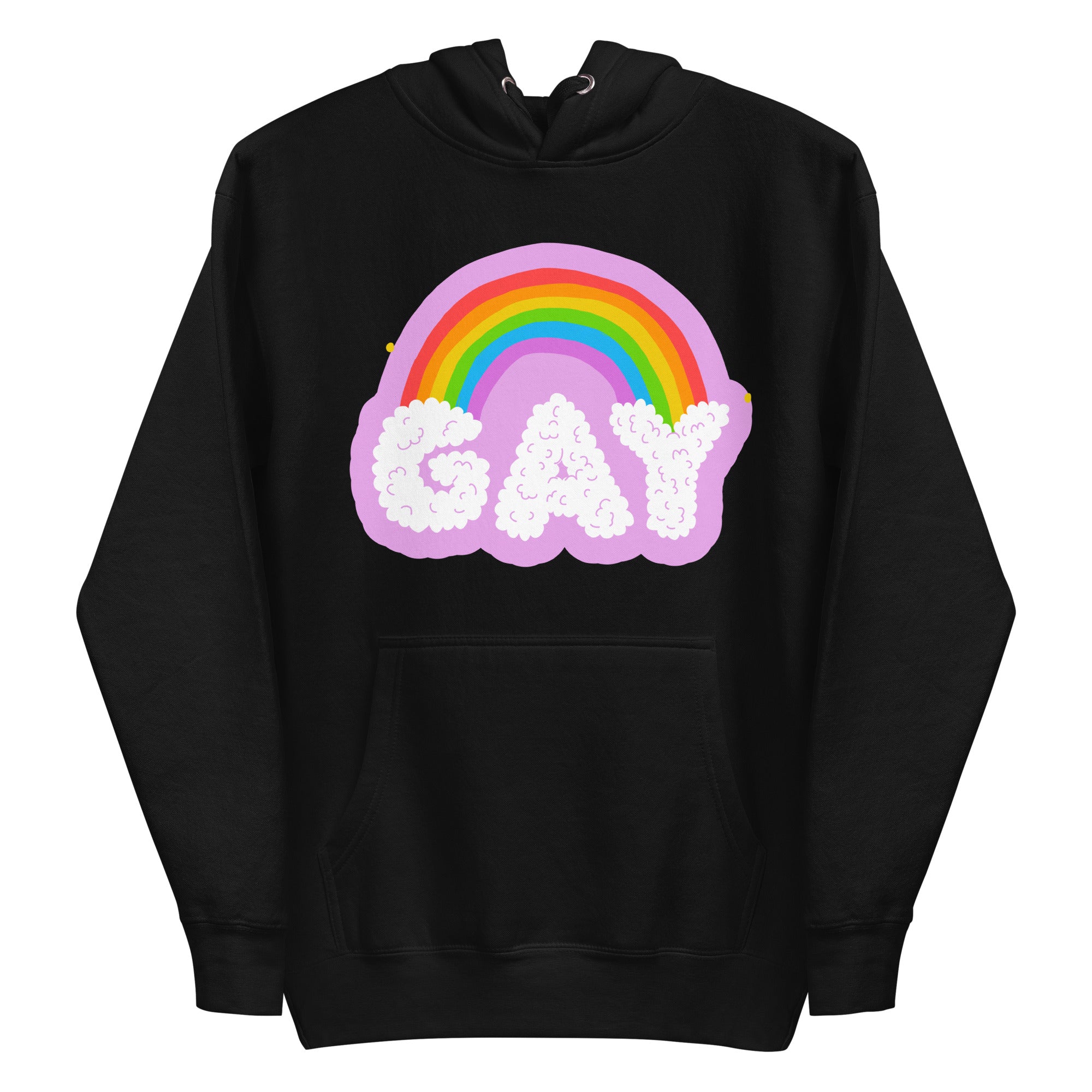 The Cloud Gay Hoodie from Pridelity's Pride Merch collection is a white hoodie showcasing a vibrant rainbow over the word 