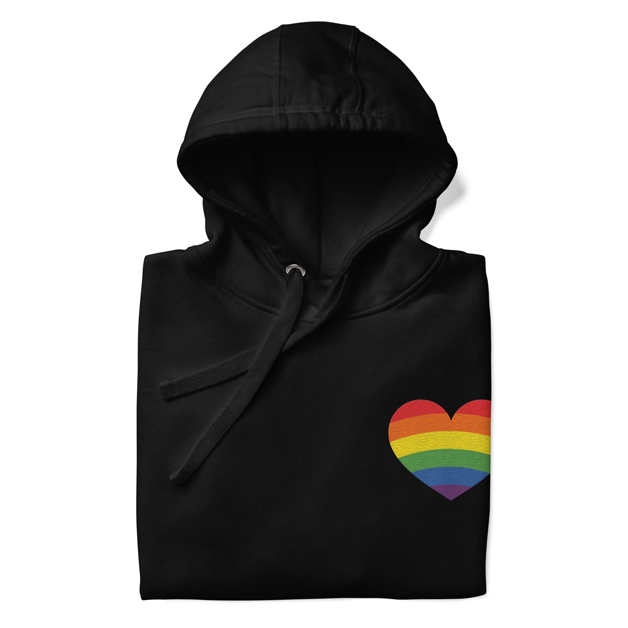 The Rainbow Heart Hoodie by Pridelity, in black, showcases a rainbow-striped heart on the left chest to celebrate LGBTQ+ pride.